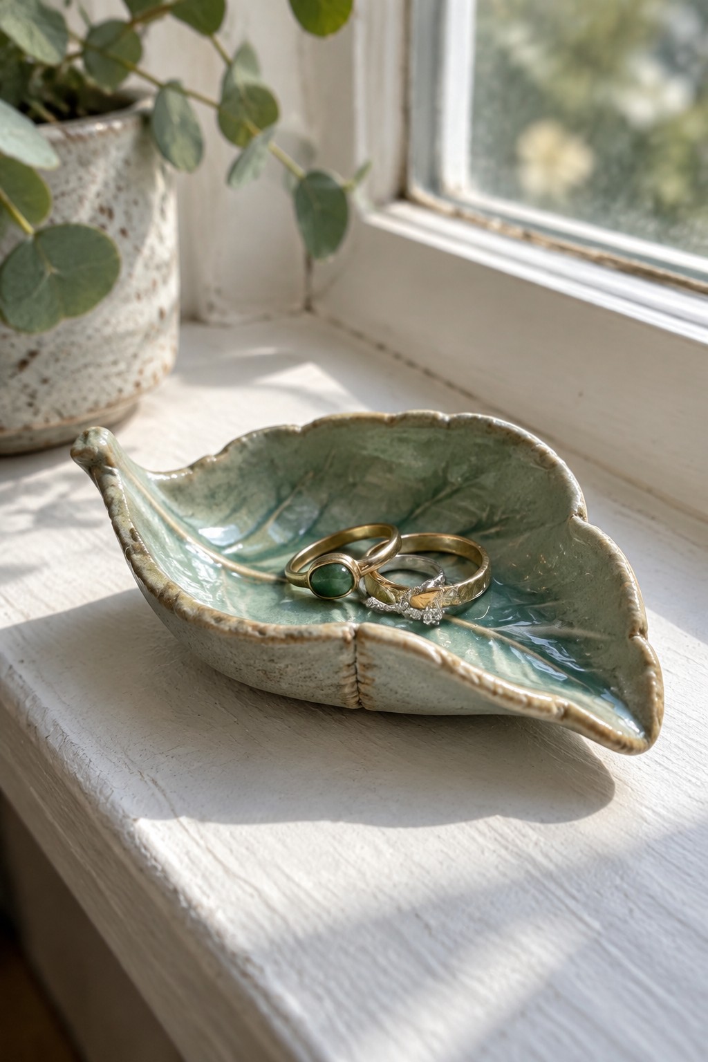 Two gold rings in a green ceramic leaf dish on a white windowsill