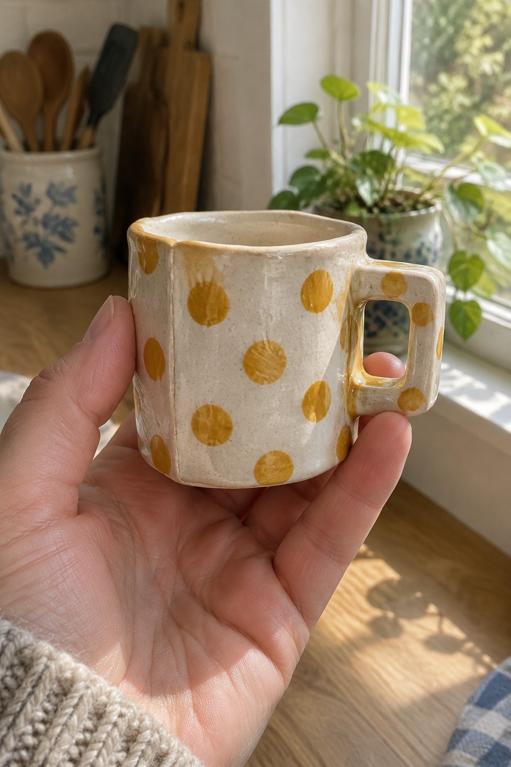 Hand in beige knit sweater holding yellow polka dot ceramic mug by window