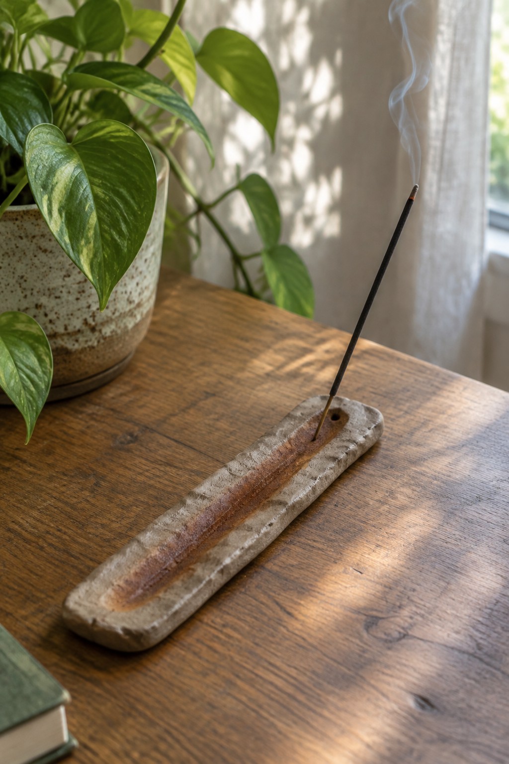 A rectangular clay tray with a burning incense stick rests on a wooden table beside a potted plant.