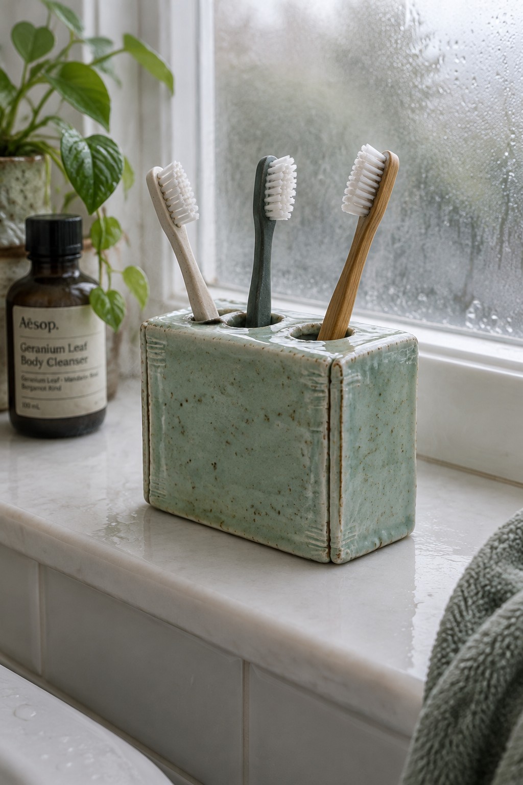 Green ceramic holder with three toothbrushes on marble windowsill beside Aesop bottle