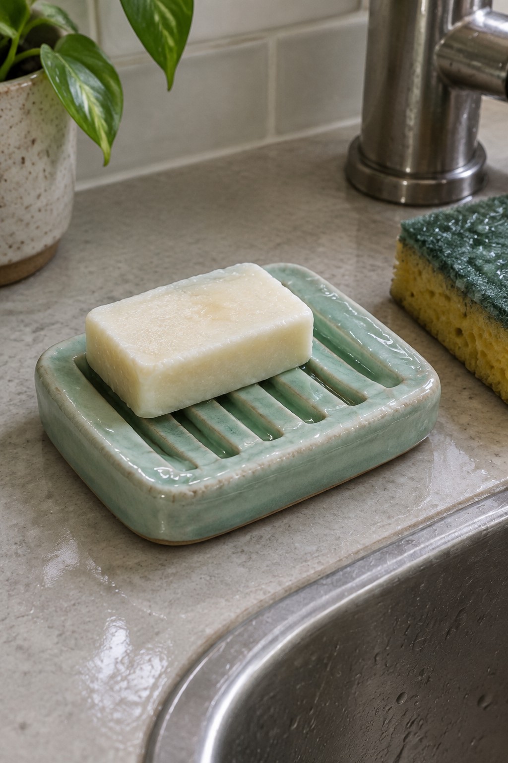 Rectangular off-white soap on wet light-green ribbed dish by stainless sink
