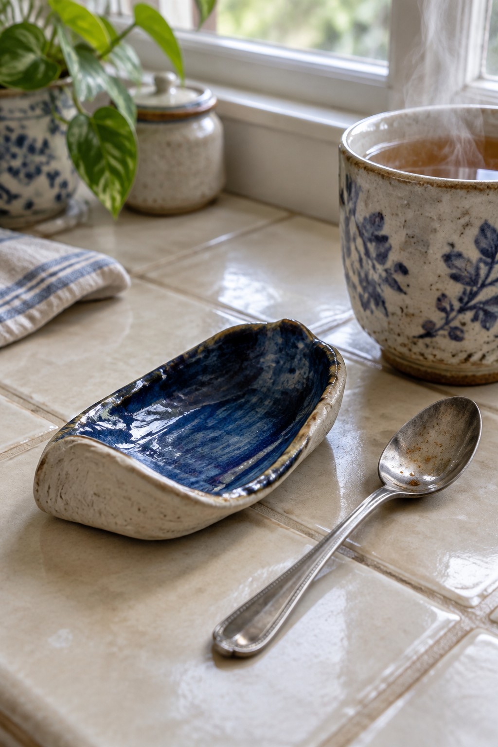 Blue ceramic spoon rest beside metal spoon and steaming floral mug on tiles