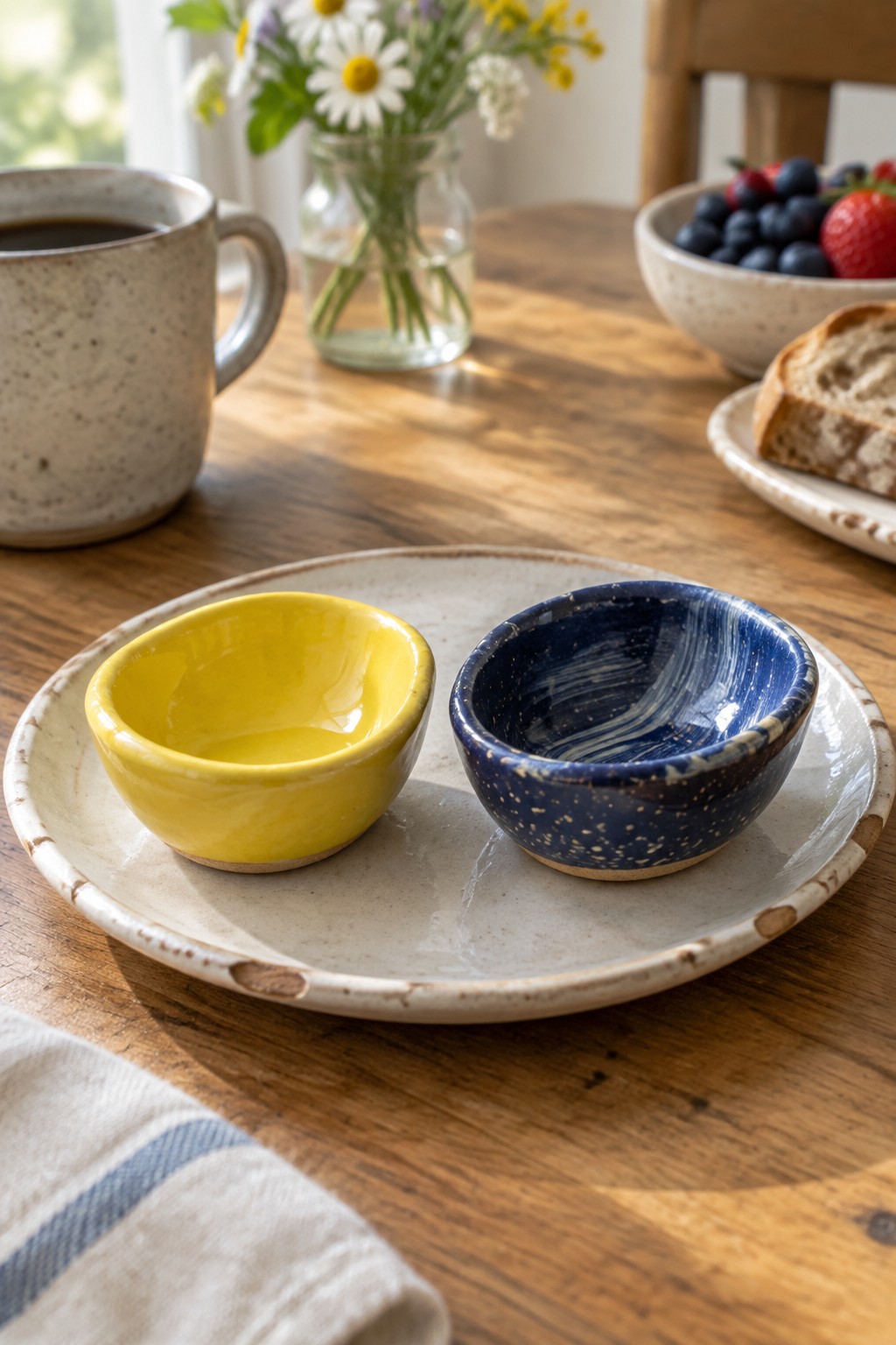 Yellow and blue ceramic bowls on plate atop rustic wooden table with coffee and flowers