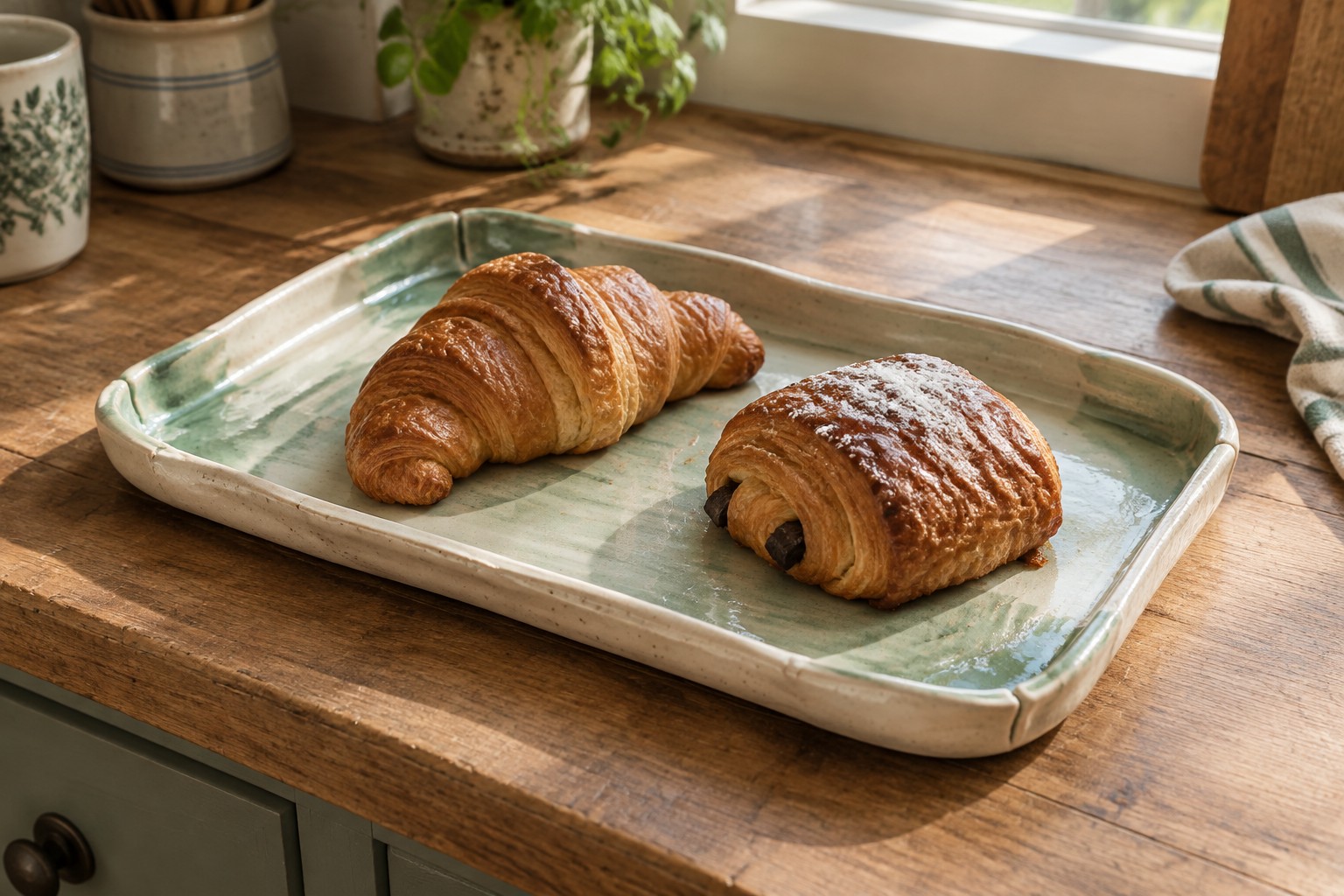 Chocolate croissant and cinnamon swirl on green ceramic tray in sunny kitchen