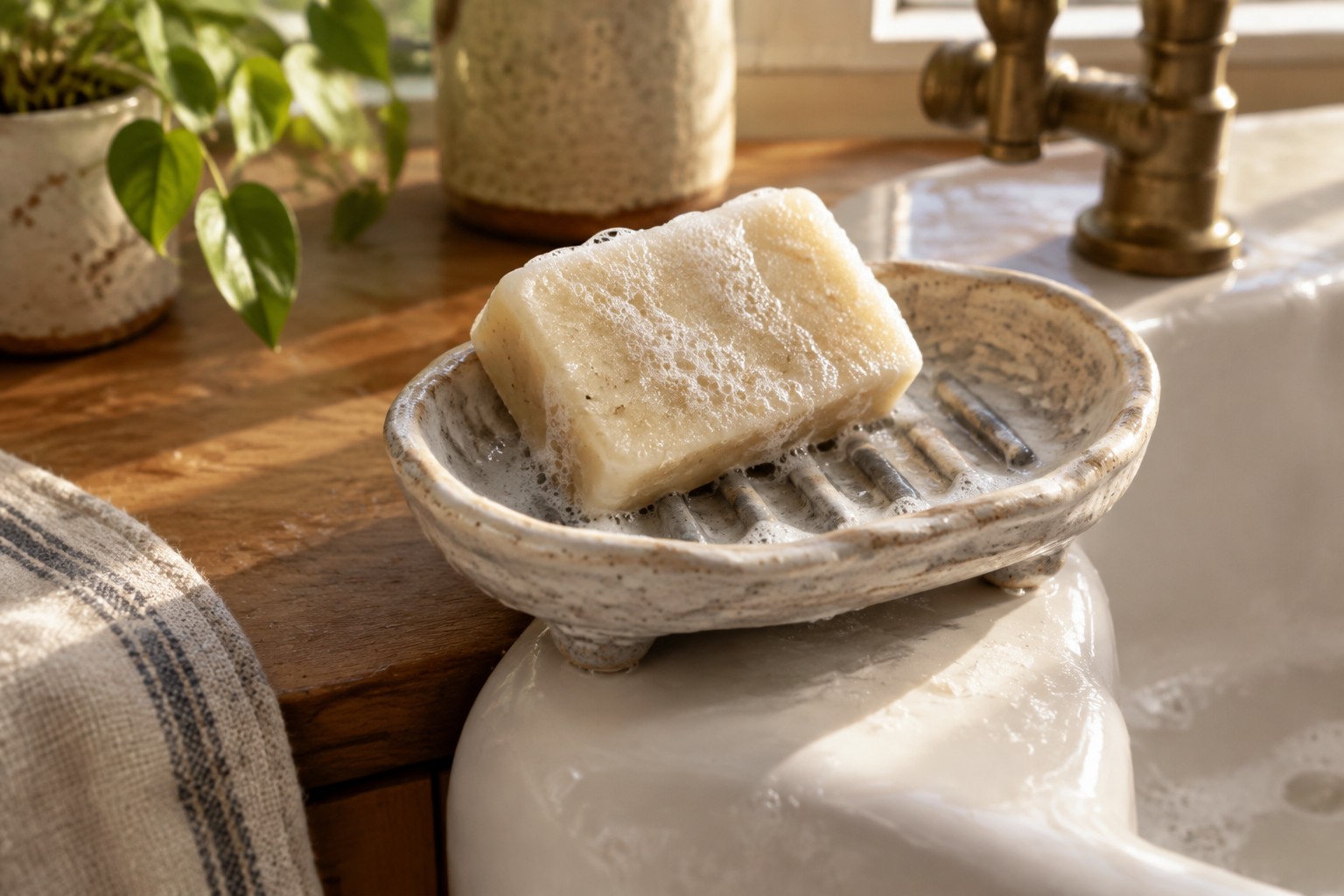 Bubbly soap bar on a rustic ceramic dish atop a white sink