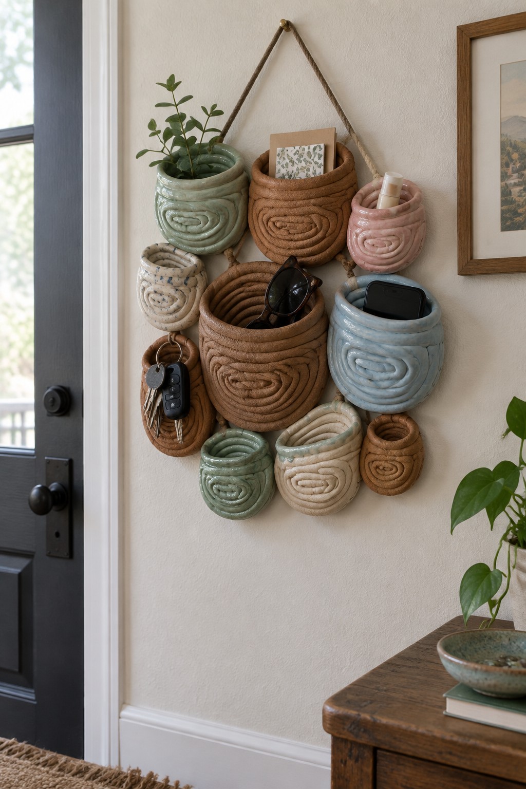 Hanging ceramic pots in earth tones holding plant, keys, sunglasses, and smartphone on wall