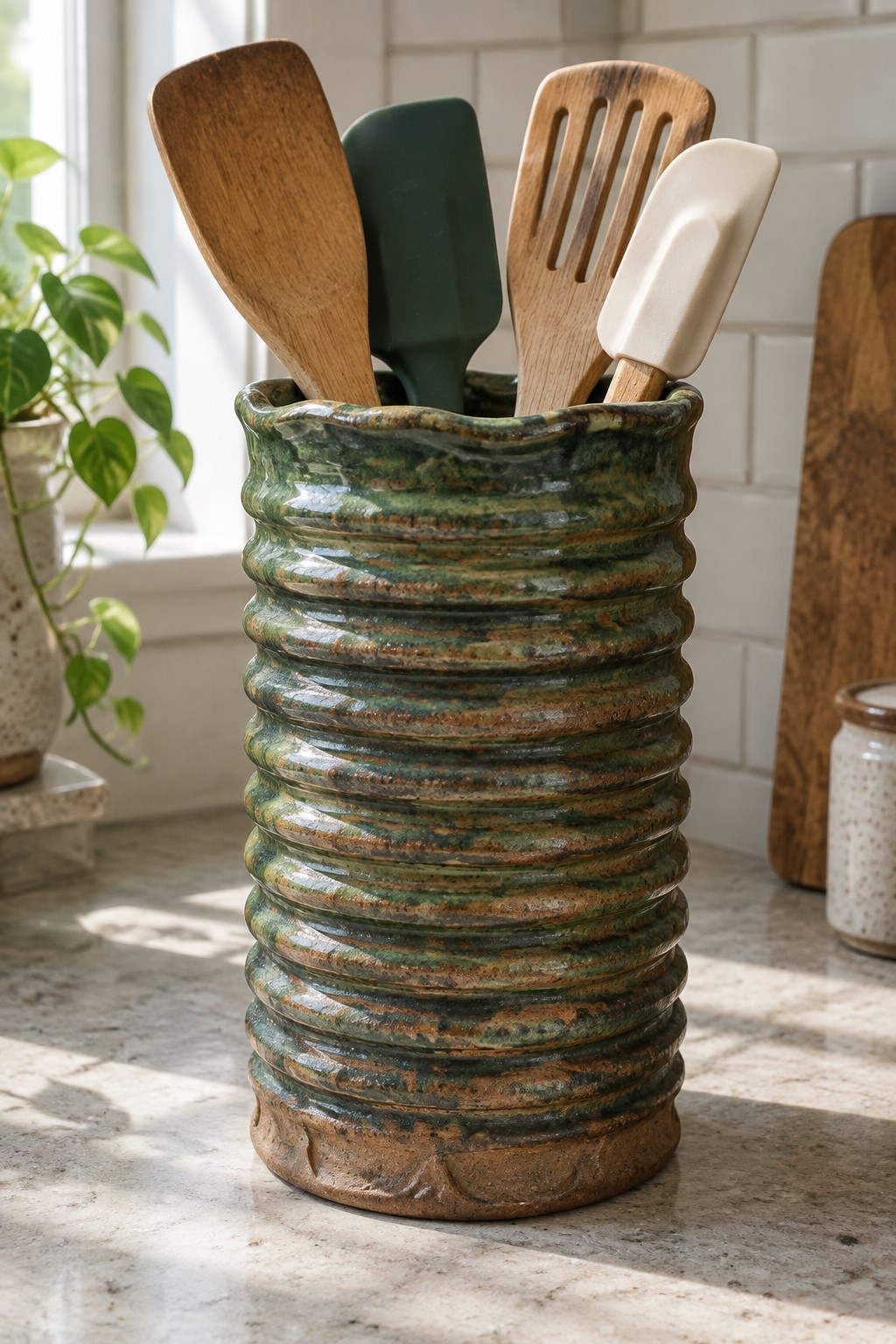 Green ribbed ceramic crock holding wooden and silicone kitchen utensils on counter