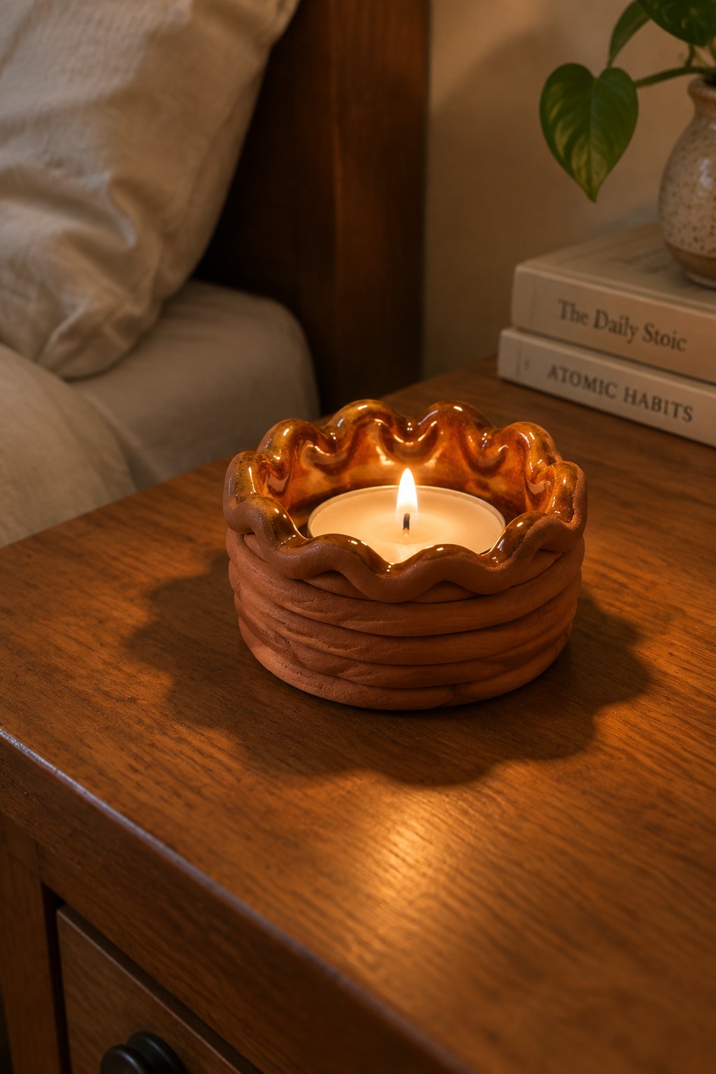 Lit candle in ruffled brown ceramic holder on wooden bedside table