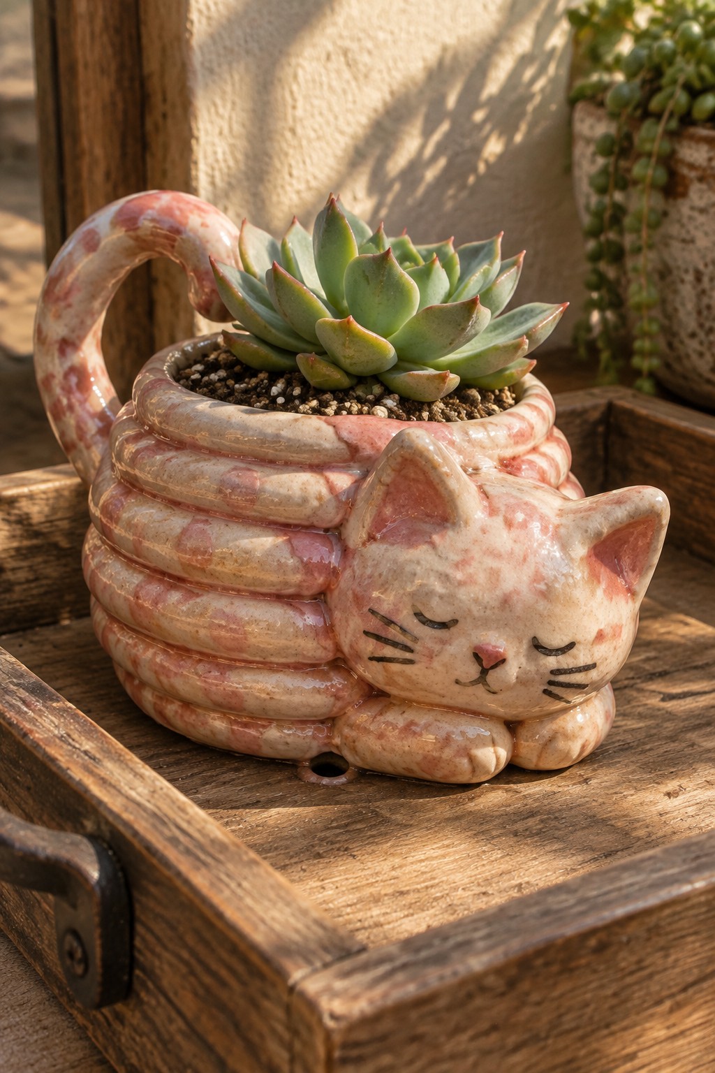 Pink marbled ceramic sleeping cat planter with succulent on wooden tray.