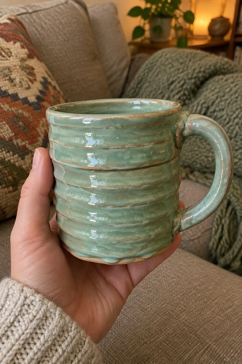 Hand in cream knit sleeve holds a glossy ridged sea-green ceramic mug