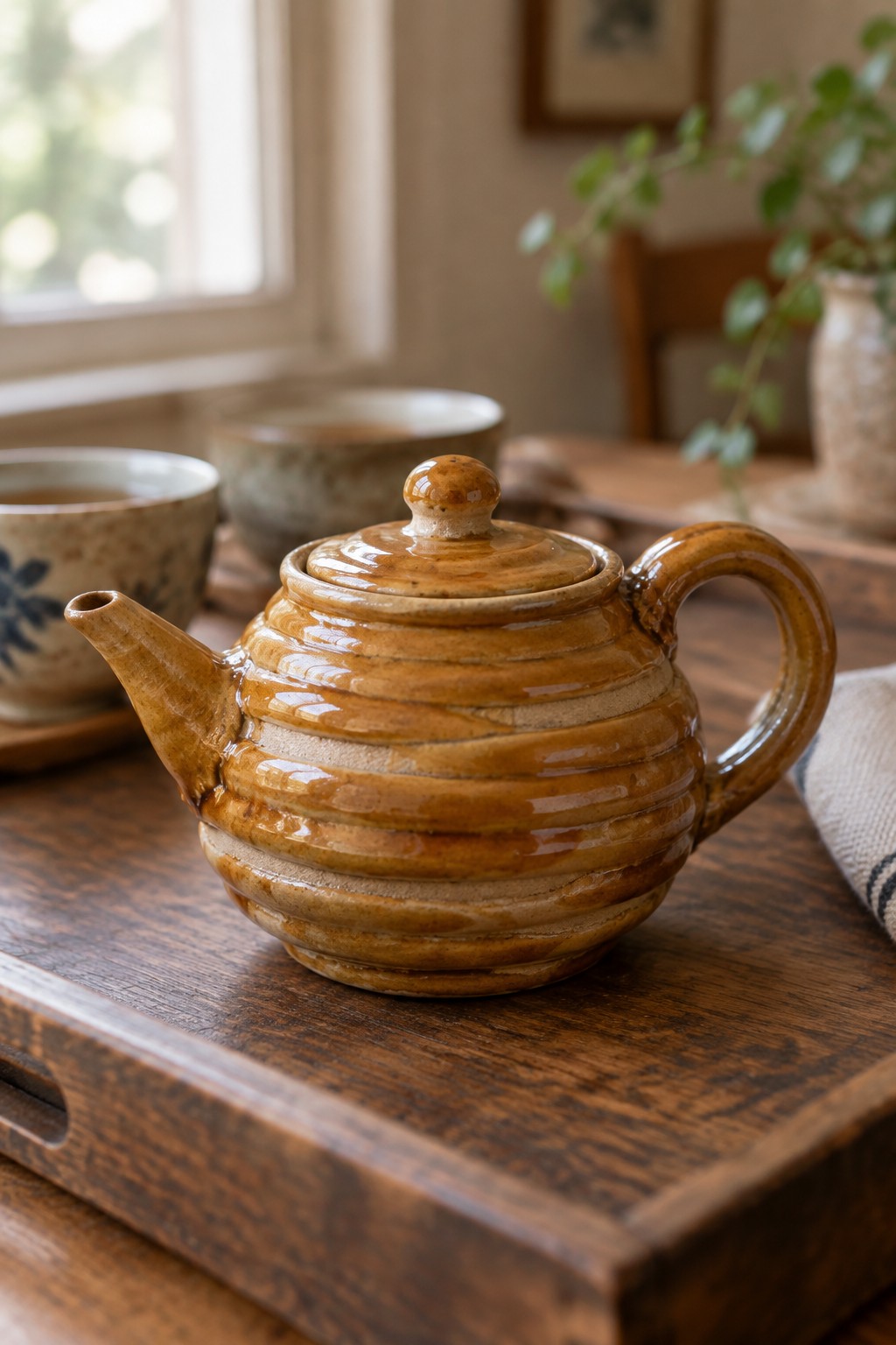 Rustic brown ceramic teapot on wooden tray with matching cups nearby