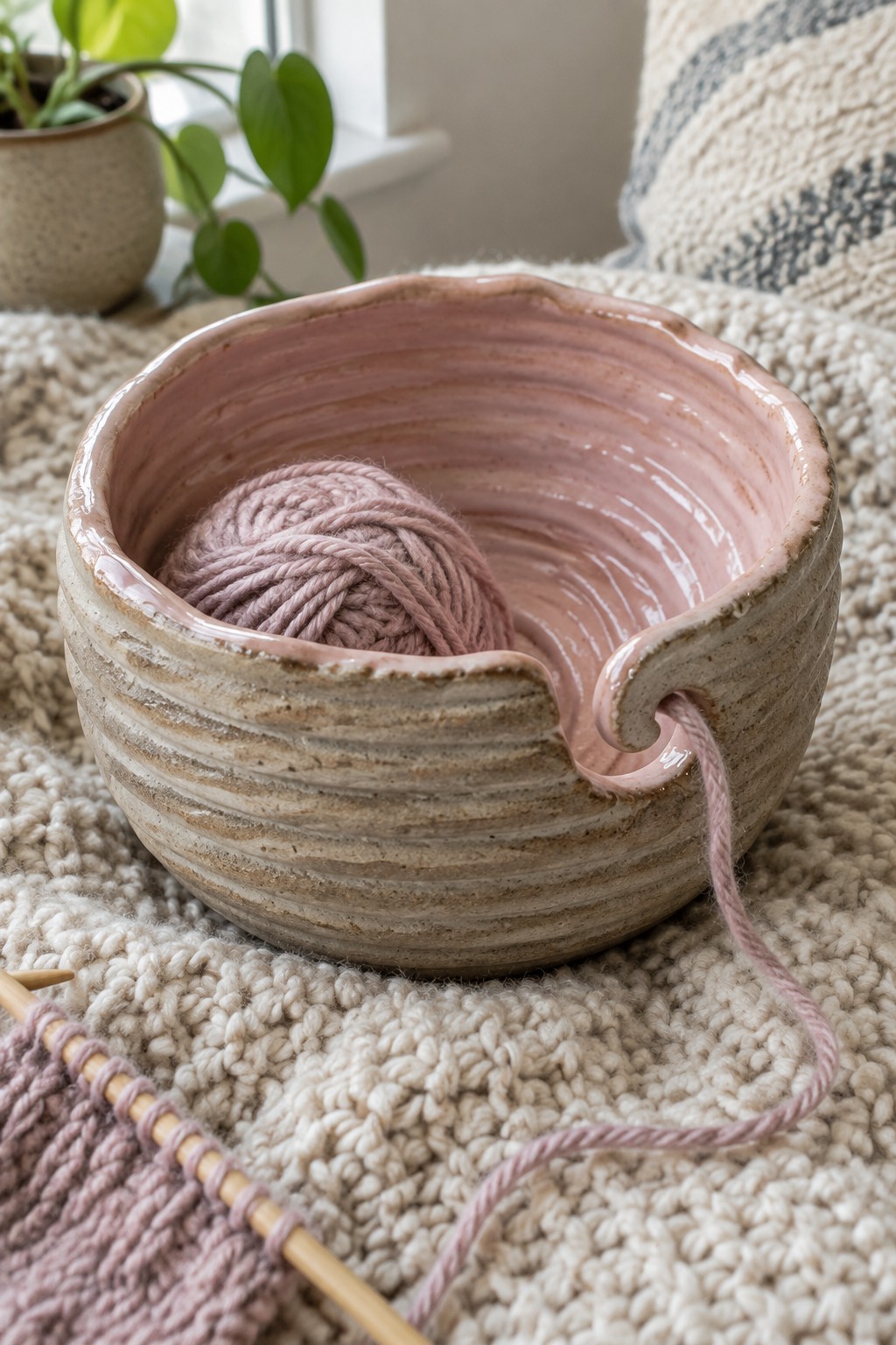 Pink ceramic yarn bowl with mauve yarn beside knitting needles on textured blanket.