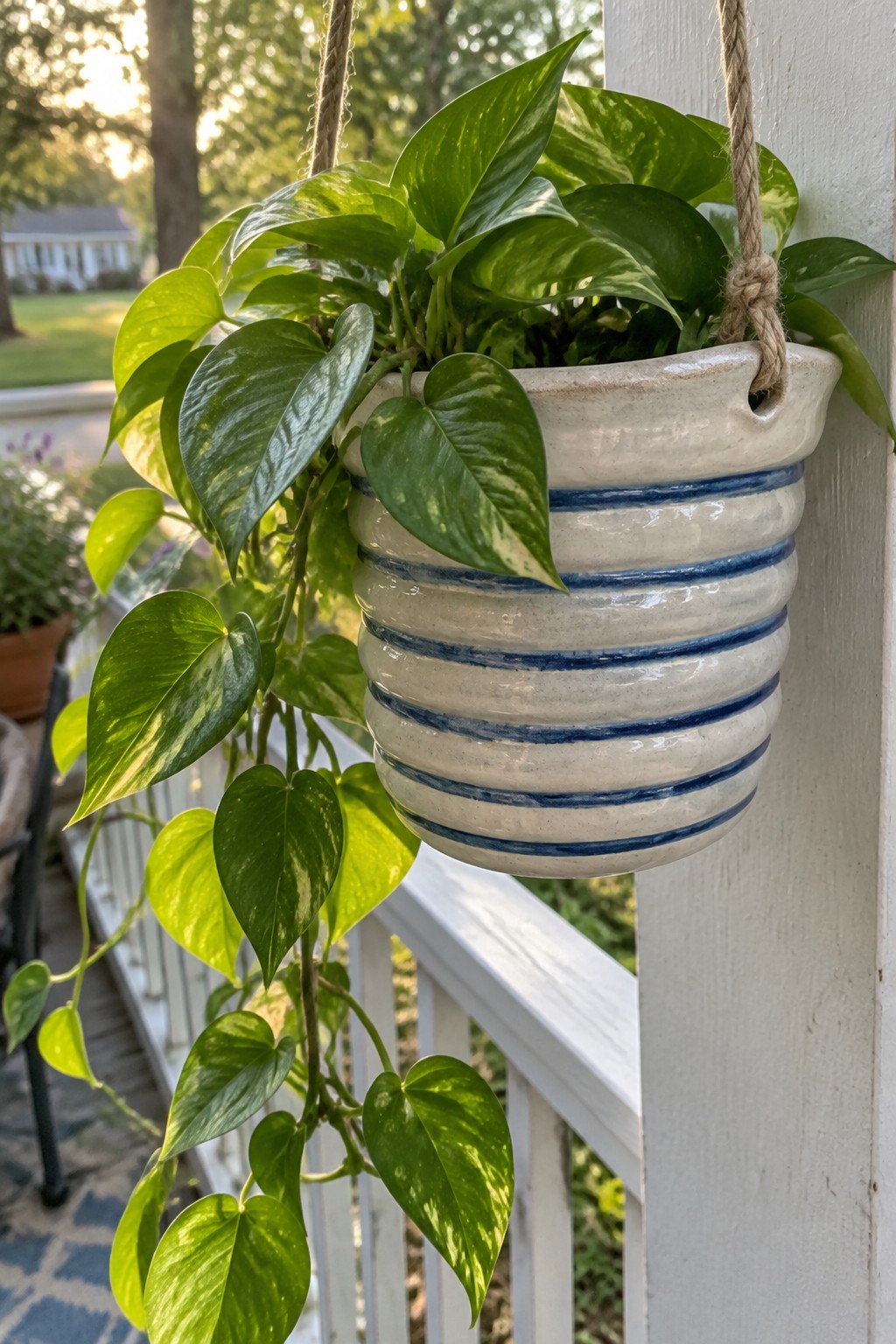 Variegated pothos in blue-striped ceramic pot hanging from white porch railing