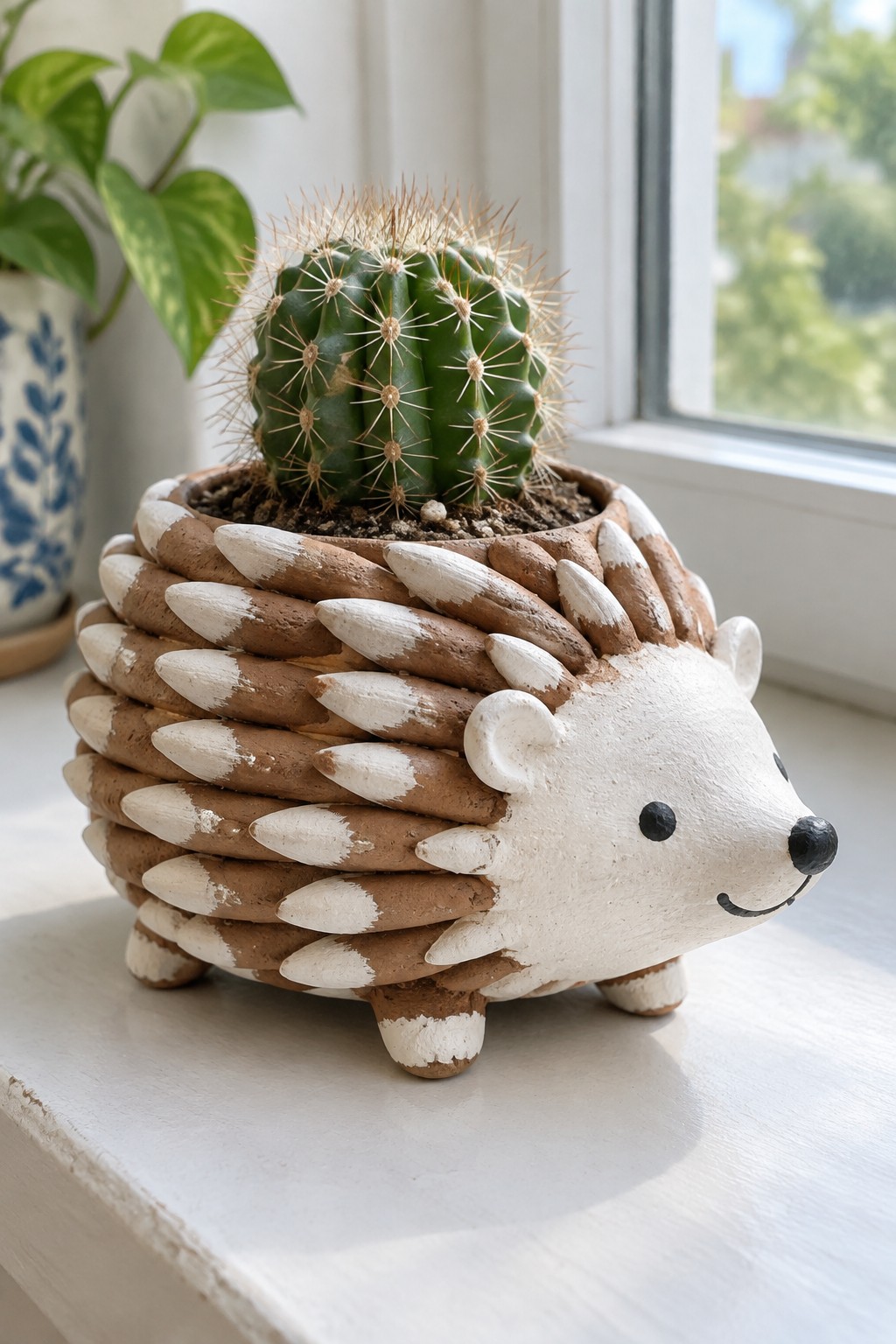 Brown and white hedgehog ceramic planter with green cactus on windowsill.