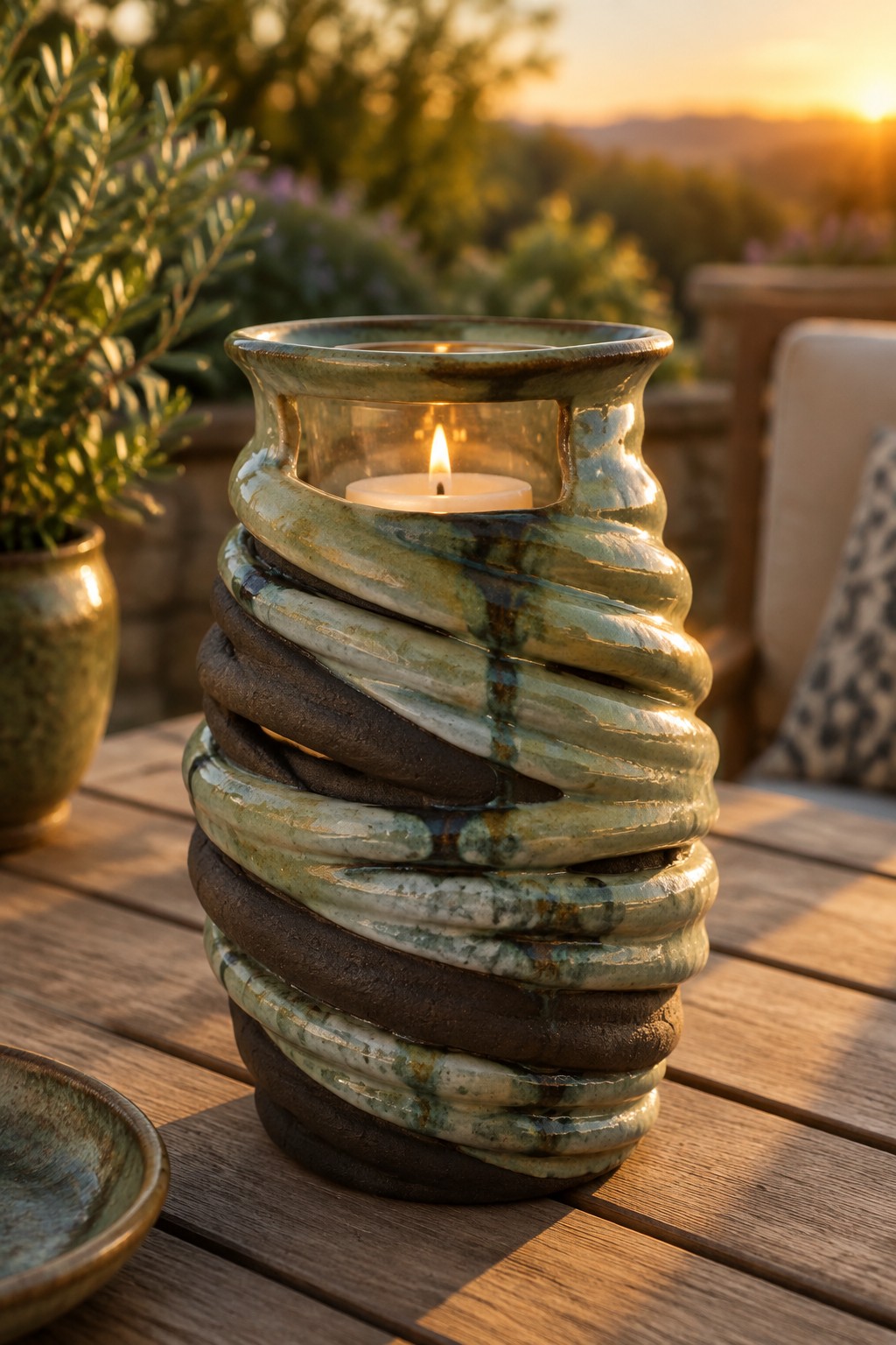 Lit candle in twisted green-brown ceramic holder on wooden outdoor table at sunset