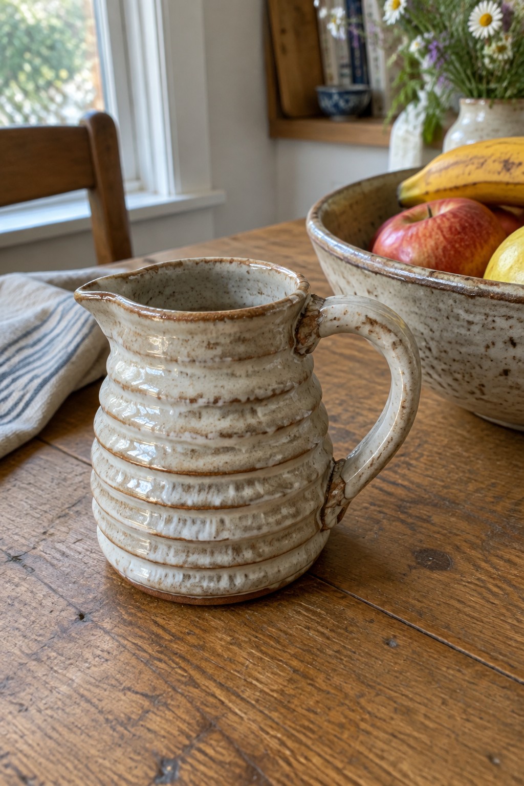 Speckled ridged ceramic pitcher beside fruit bowl on rustic wooden table