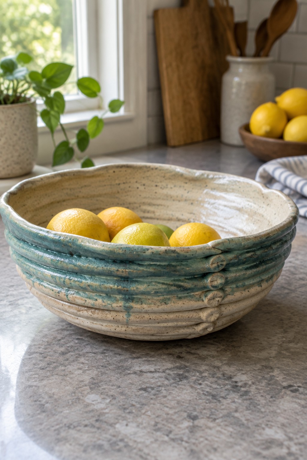 Rustic blue-green ceramic bowl filled with lemons on marble counter