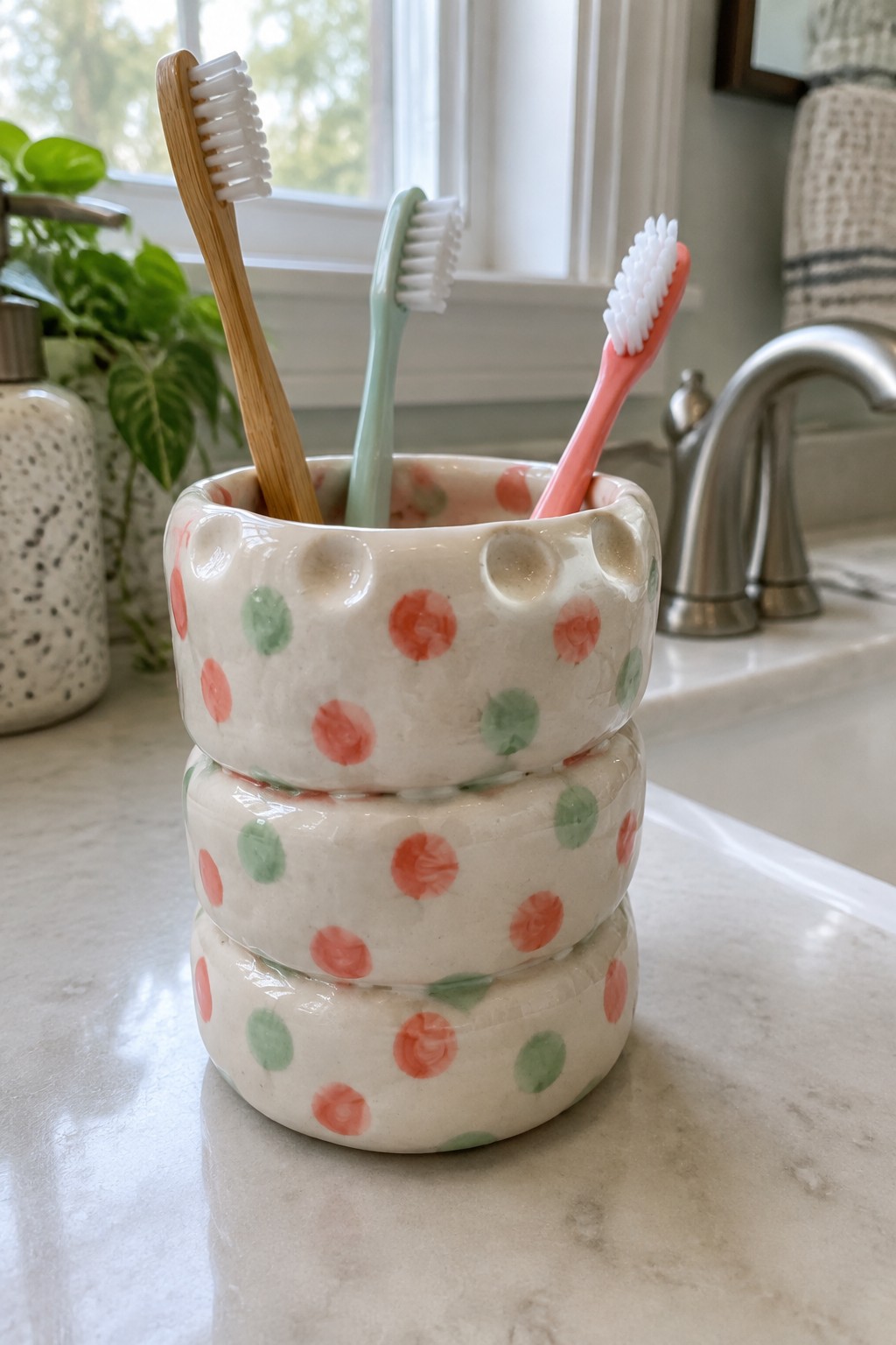 Stacked polka-dotted ceramic holder with three toothbrushes on marble bathroom counter.