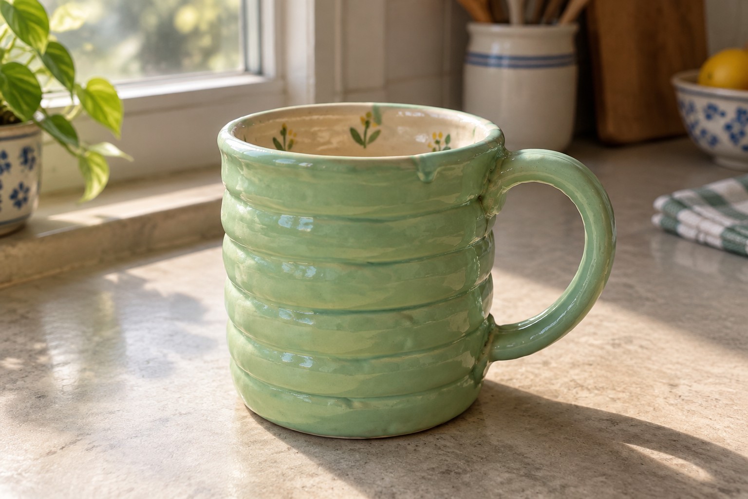 Green ribbed ceramic mug with floral interior on sunlit kitchen counter