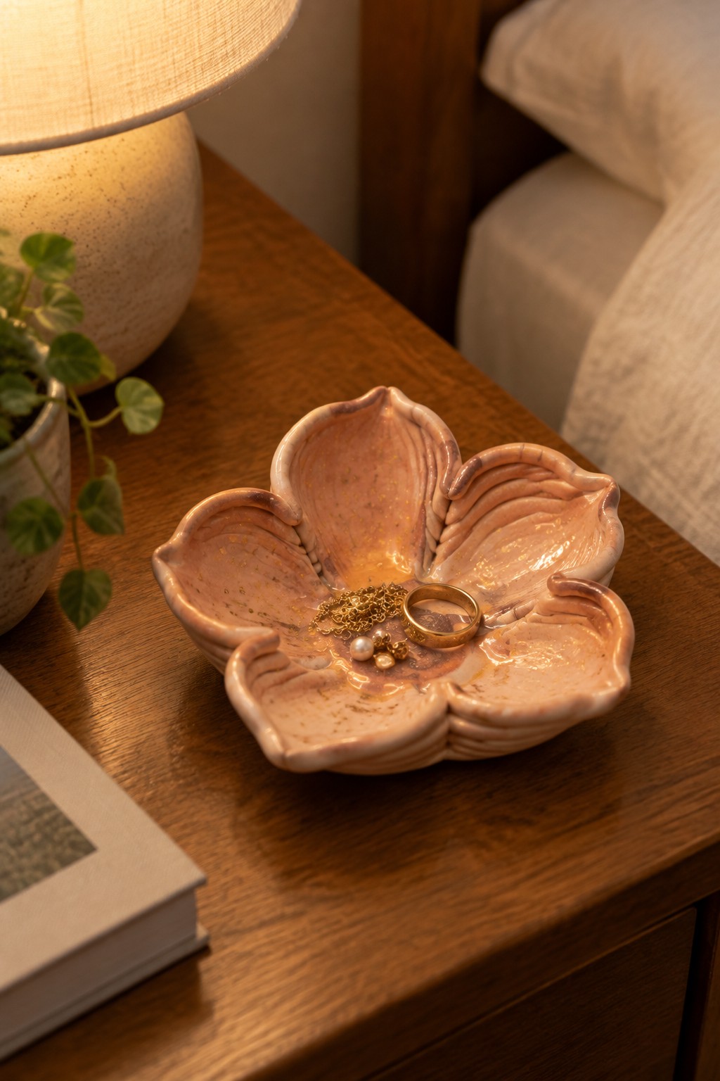 Pink flower-shaped ceramic bowl with gold jewelry on wooden nightstand beside lamp