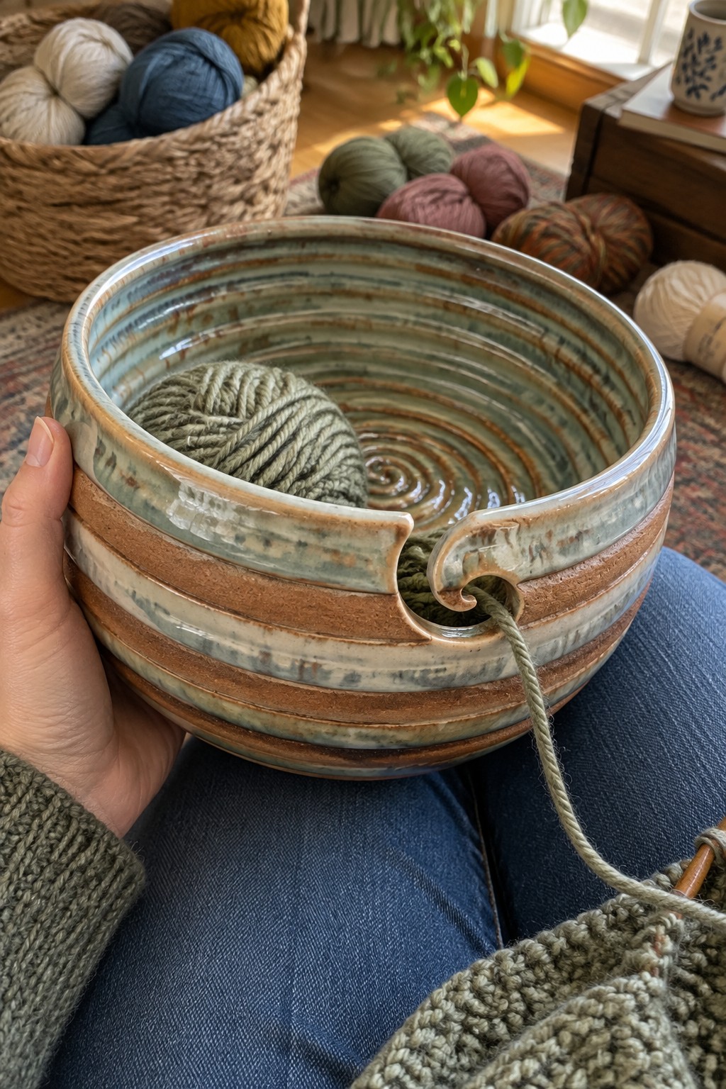 Hand holding striped ceramic yarn bowl with green yarn on denim lap in sweater