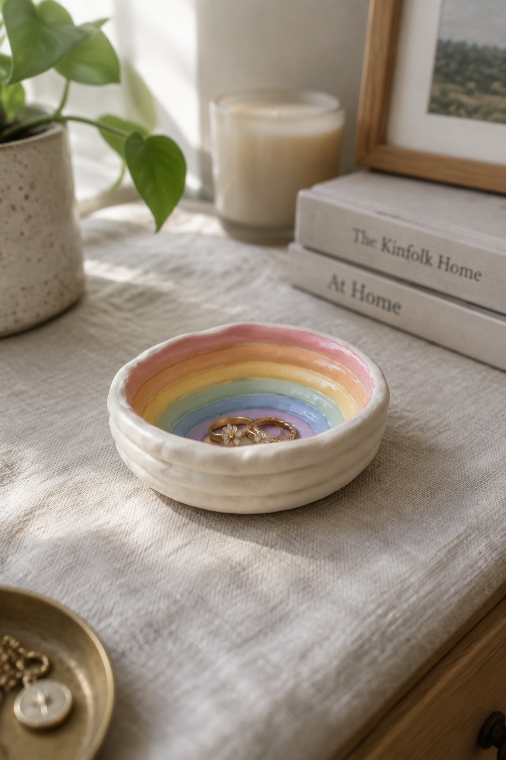 Rainbow ceramic bowl with gold flower rings on linen beside books and candle