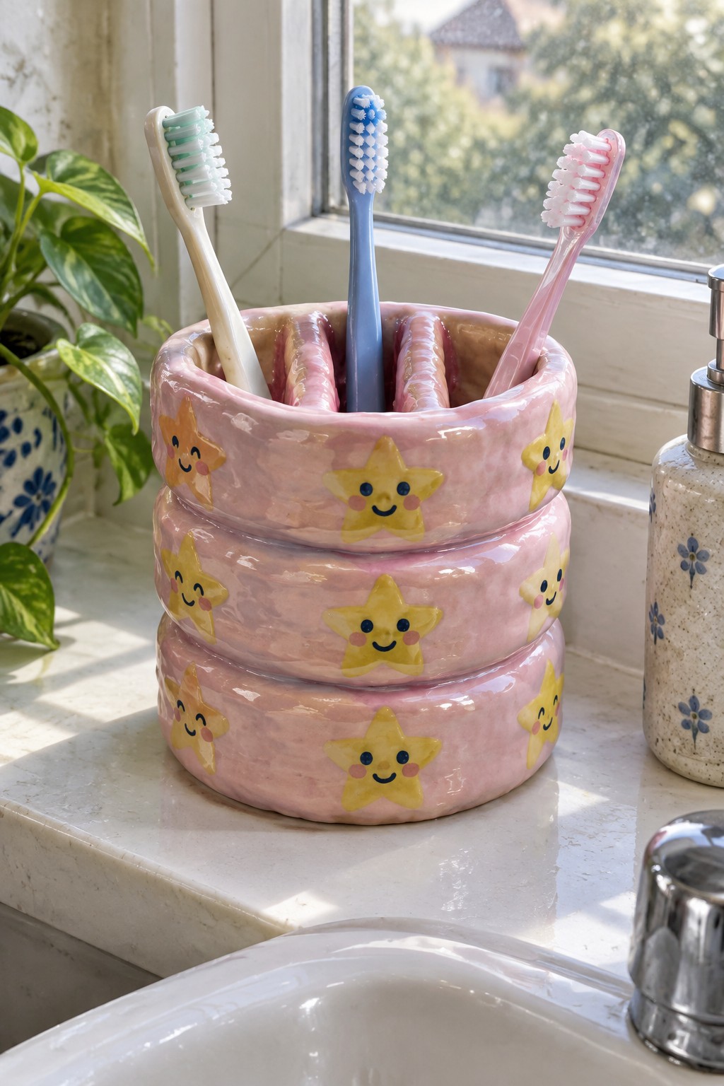 Pink ceramic toothbrush holder with smiling yellow stars holding three colorful brushes on sink