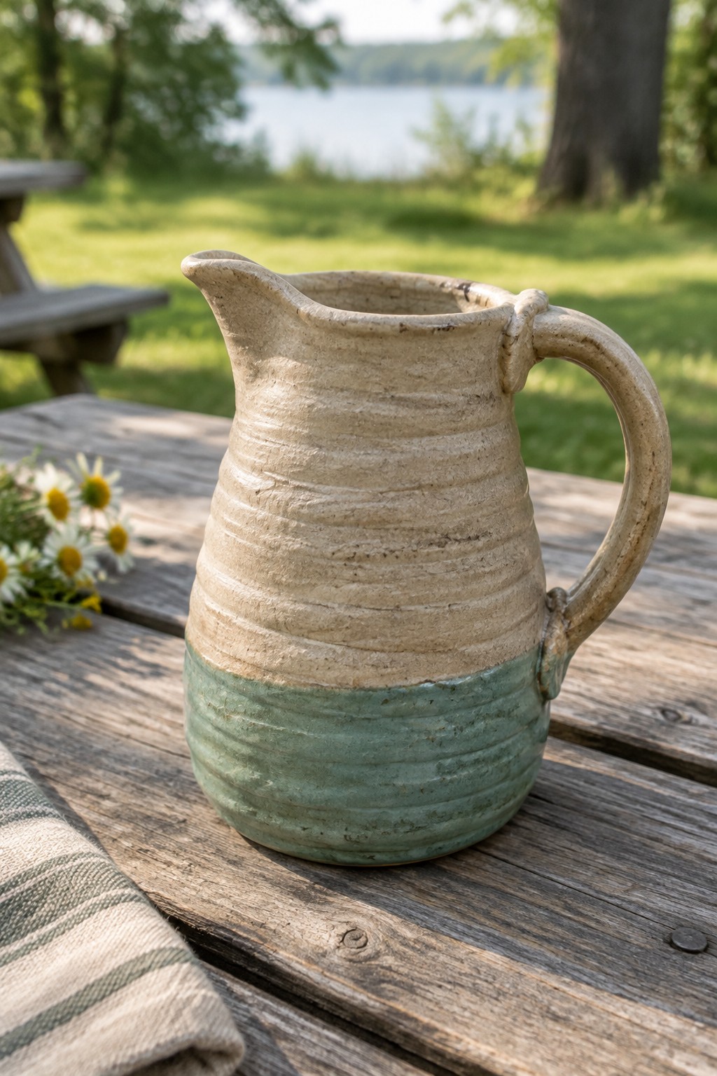 Ceramic pitcher with beige top and green base on wooden picnic table outdoors