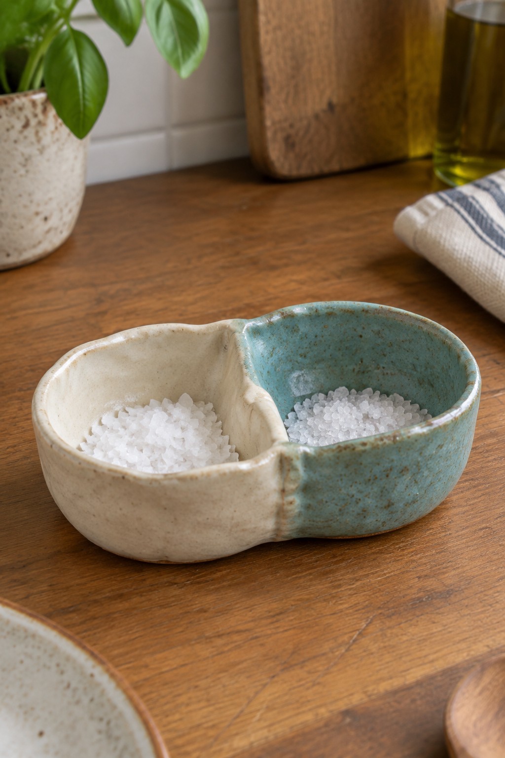 Divided ceramic bowl with coarse and fine white salt on wooden table