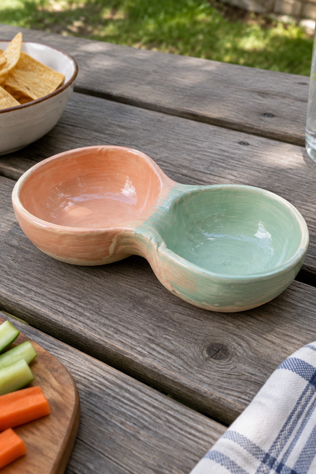 Two-toned peach and green ceramic bowl on wooden picnic table with snacks