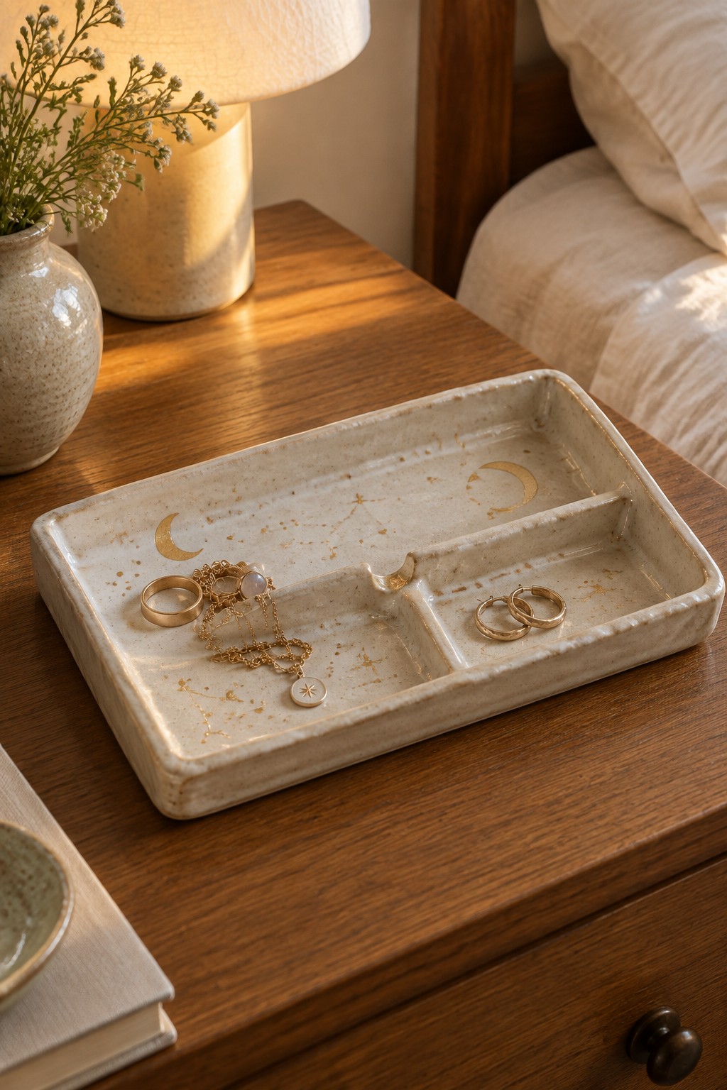 Ceramic jewelry tray with gold moons holding rings and necklaces on wooden nightstand