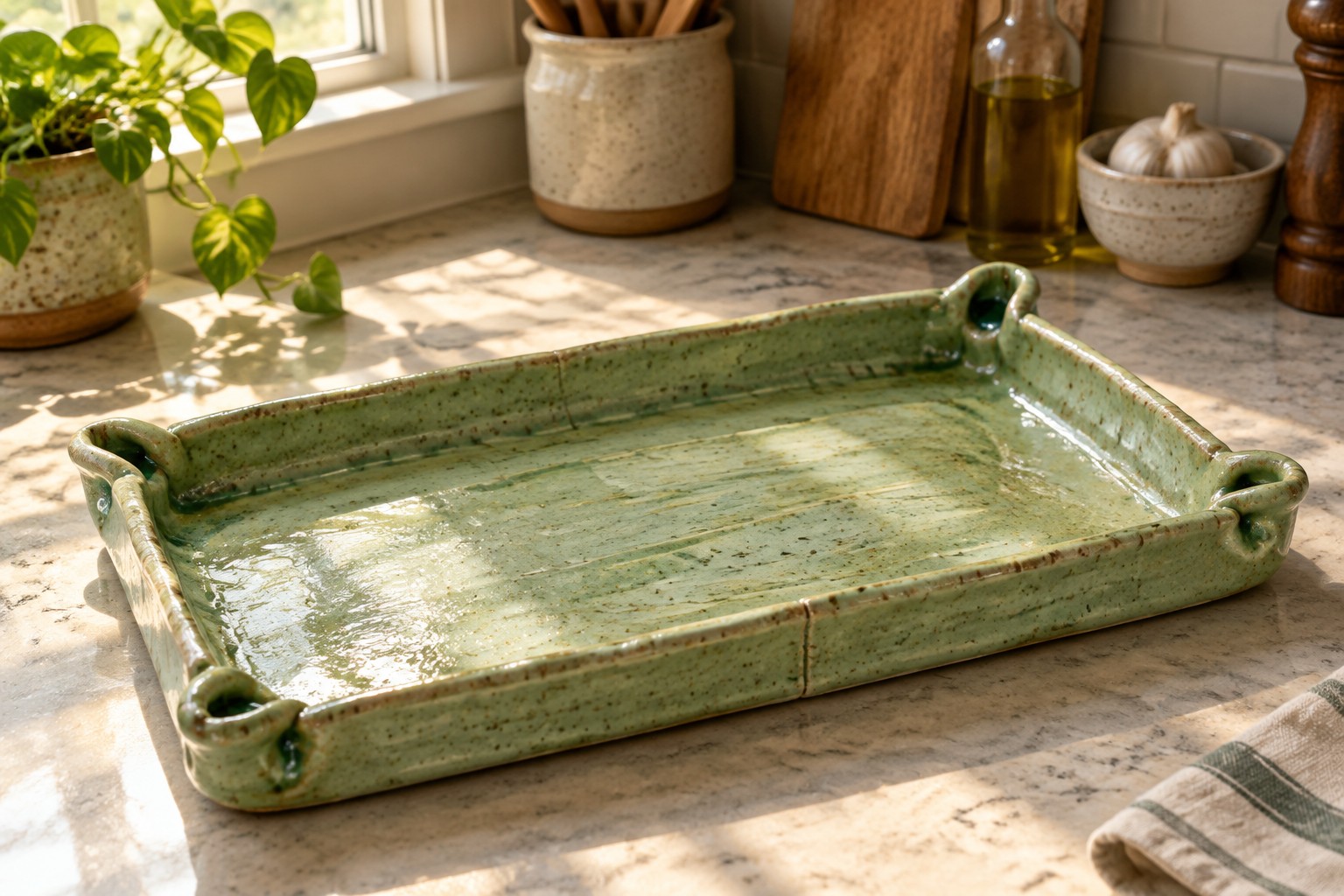 Green ceramic tray on sunlit marble kitchen countertop with plant and lemons