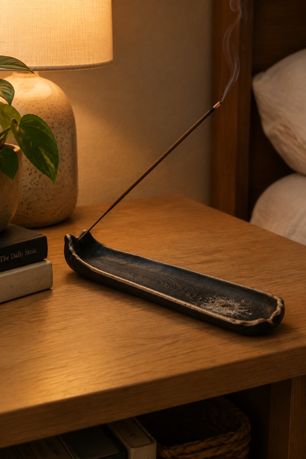 Burning incense stick in black ceramic holder on wooden table beside lamp and plant