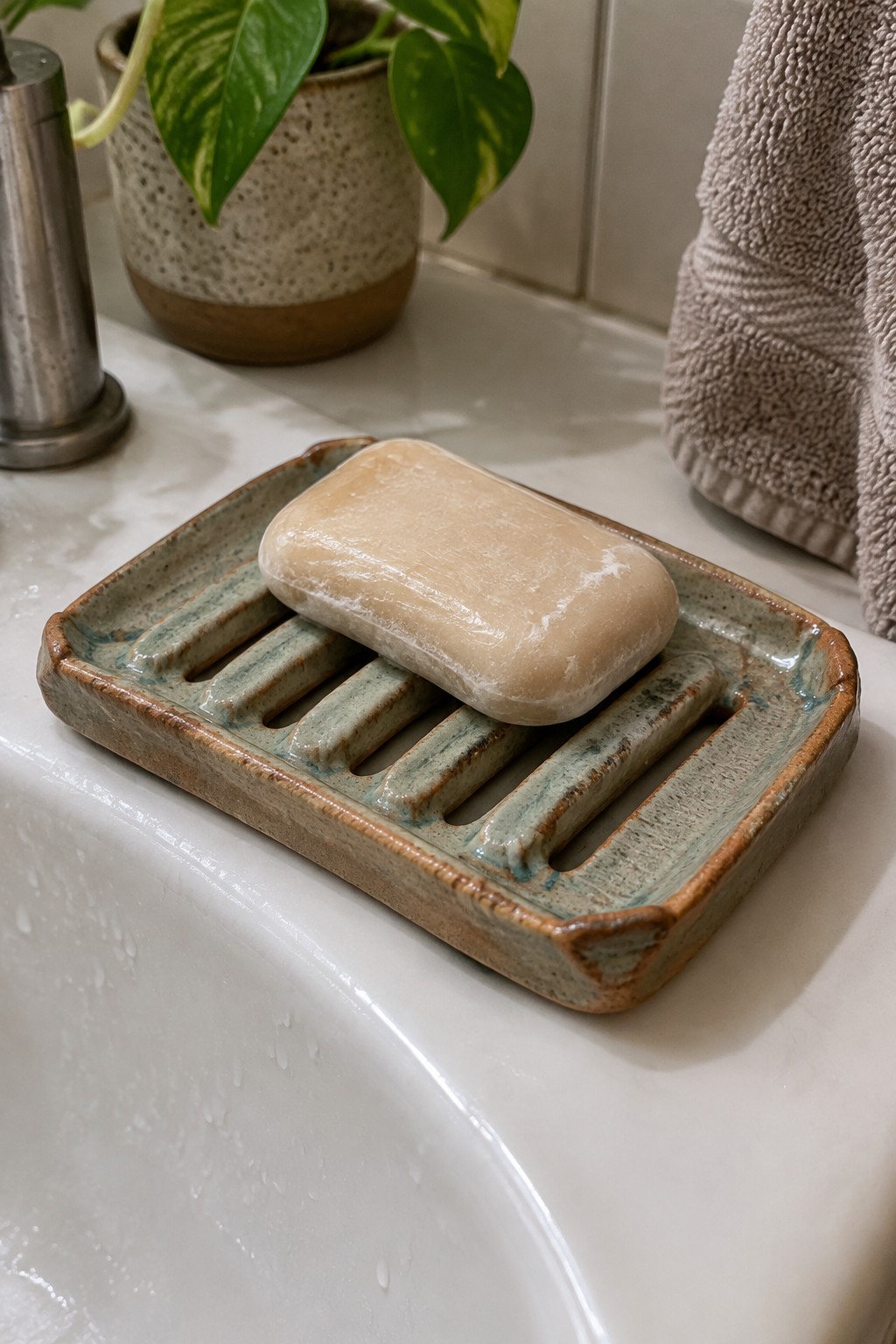 Beige soap bar on ribbed ceramic dish atop white bathroom sink