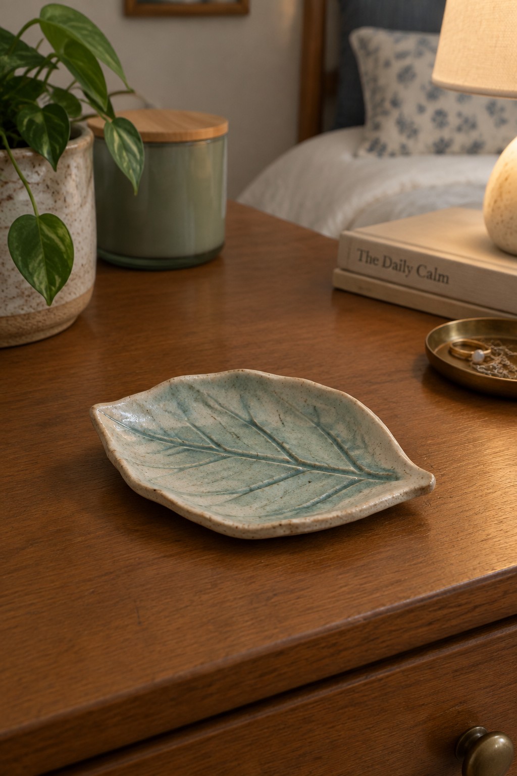 Ceramic leaf dish on wooden nightstand with plant, books, lamp, and jewelry