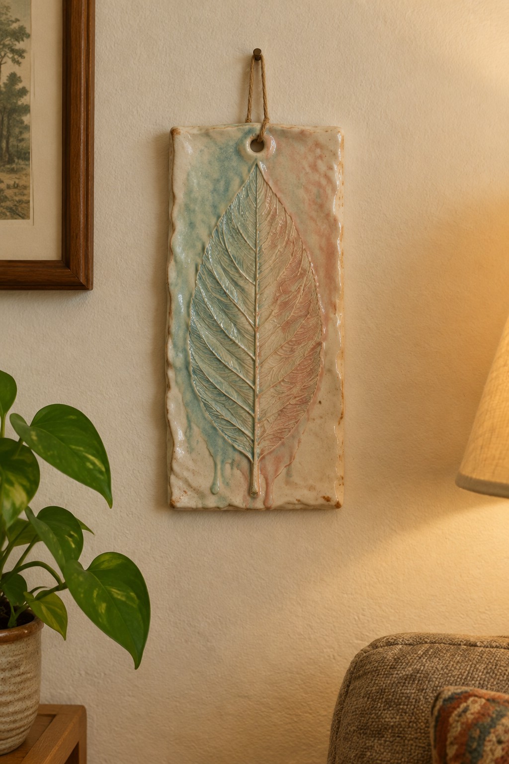 Ceramic plaque with embossed leaf in blue and pink glaze hanging on wall