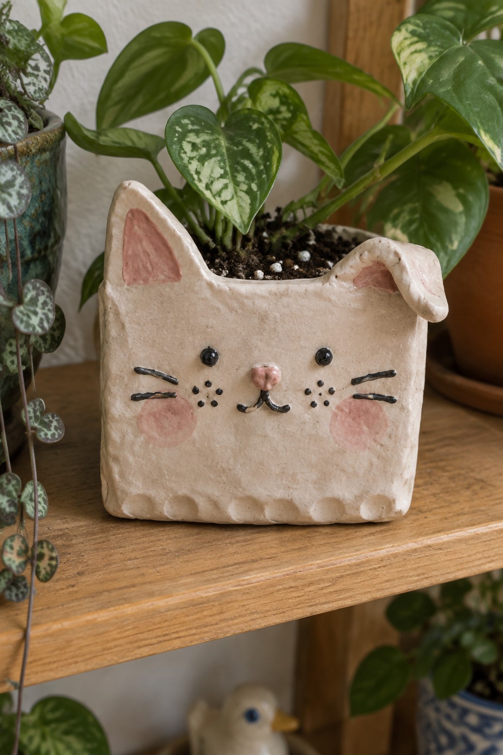 Ceramic cat-shaped planter with pink cheeks holding a variegated green plant on wood.