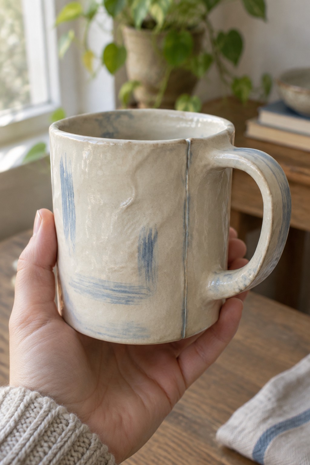 Hand in beige knit sweater holding textured ceramic mug with blue brushstrokes