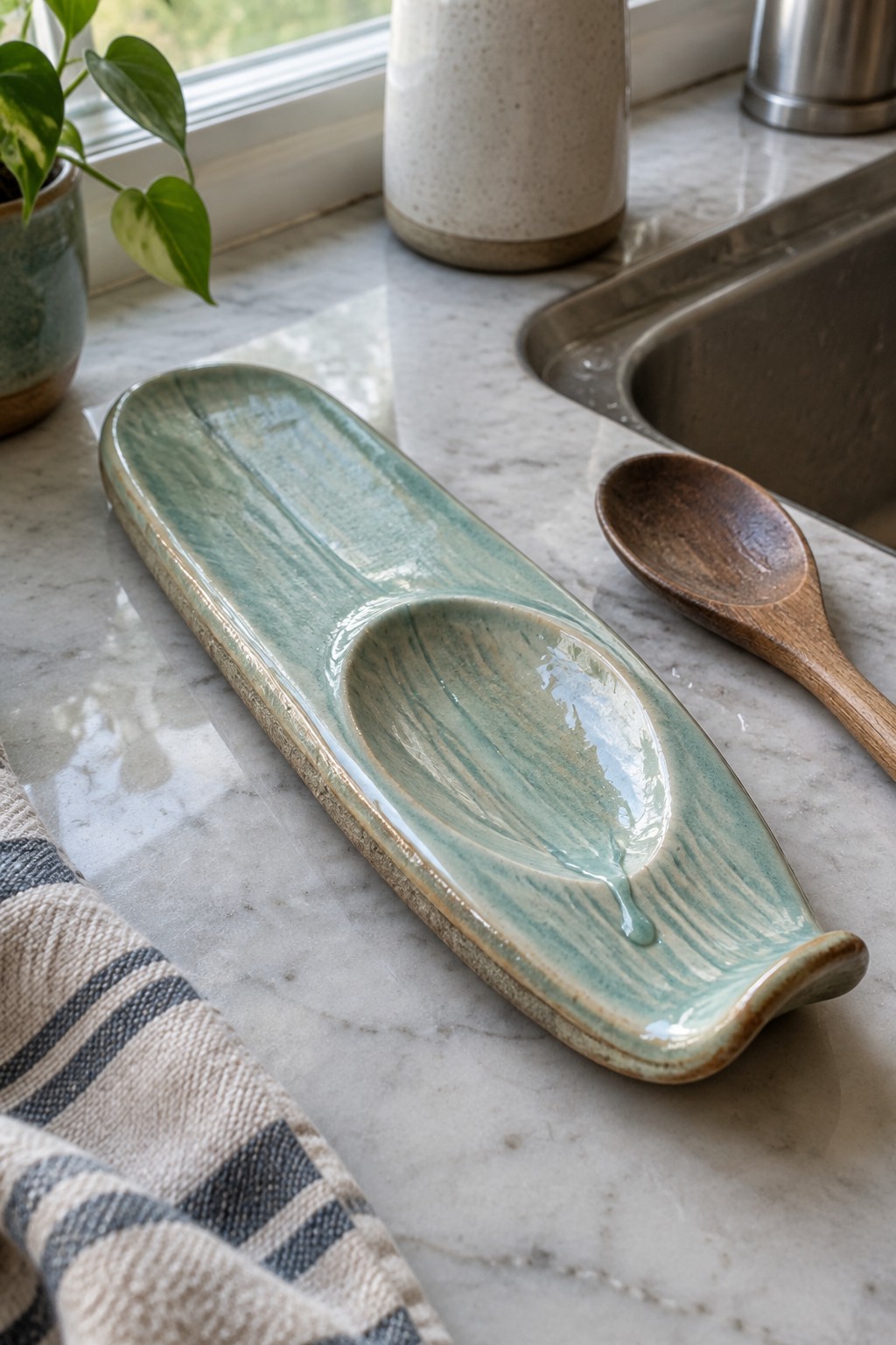 Teal ceramic spoon rest with wooden spoon on marble counter beside striped towel.
