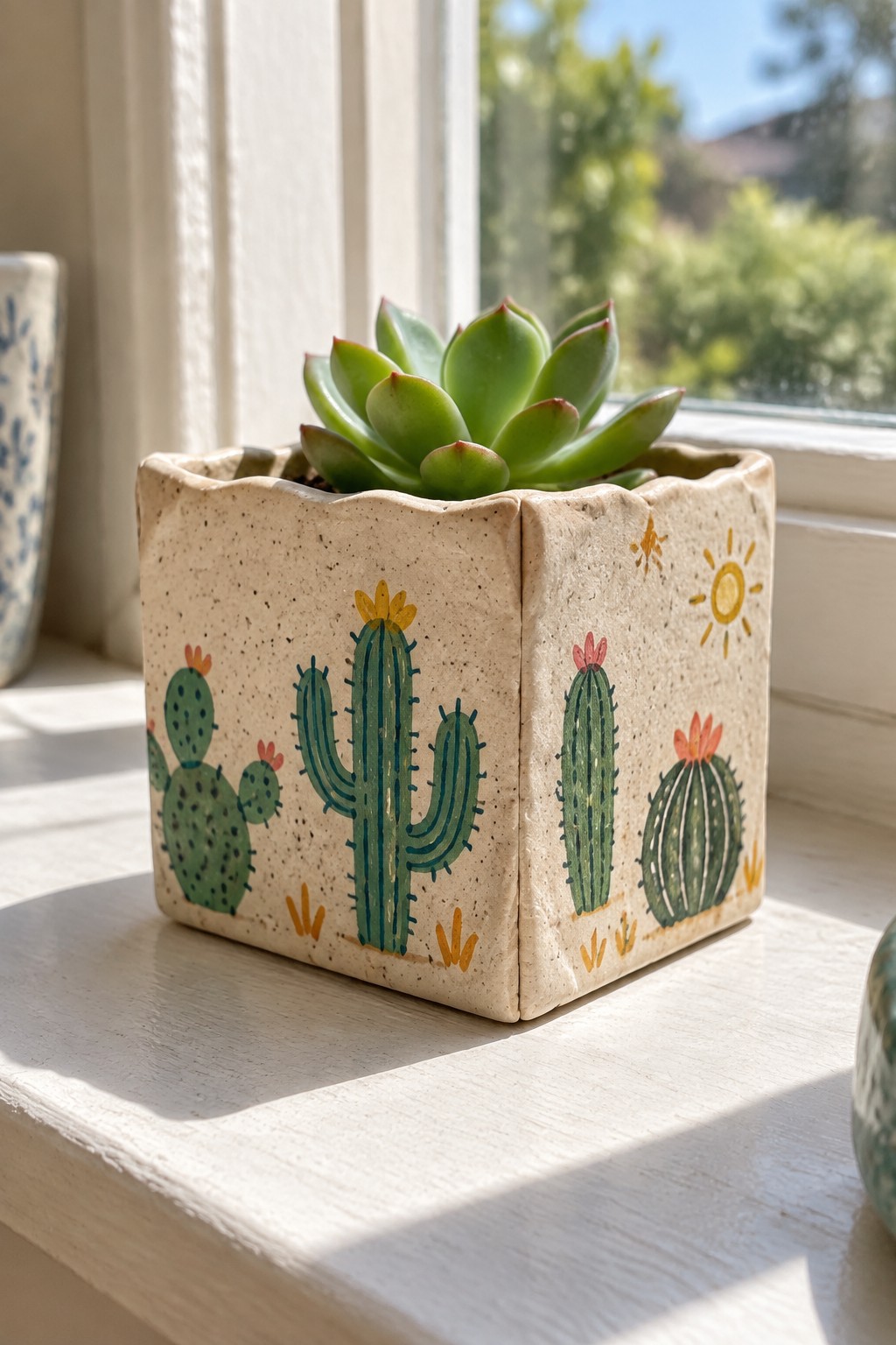 Beige square ceramic pot with painted cacti and sun, holding a green succulent.
