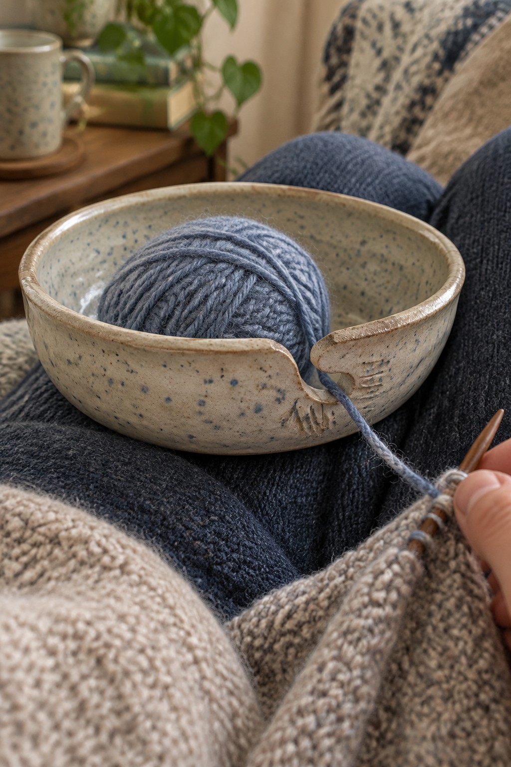 Hands knit beige fabric pulling blue yarn from speckled ceramic bowl on lap