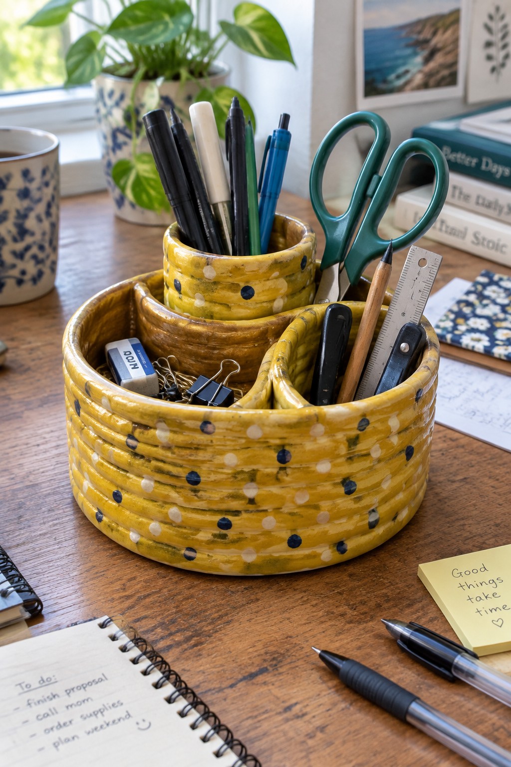 Yellow polka-dotted ceramic desk organizer with pens, scissors, and supplies on wood.