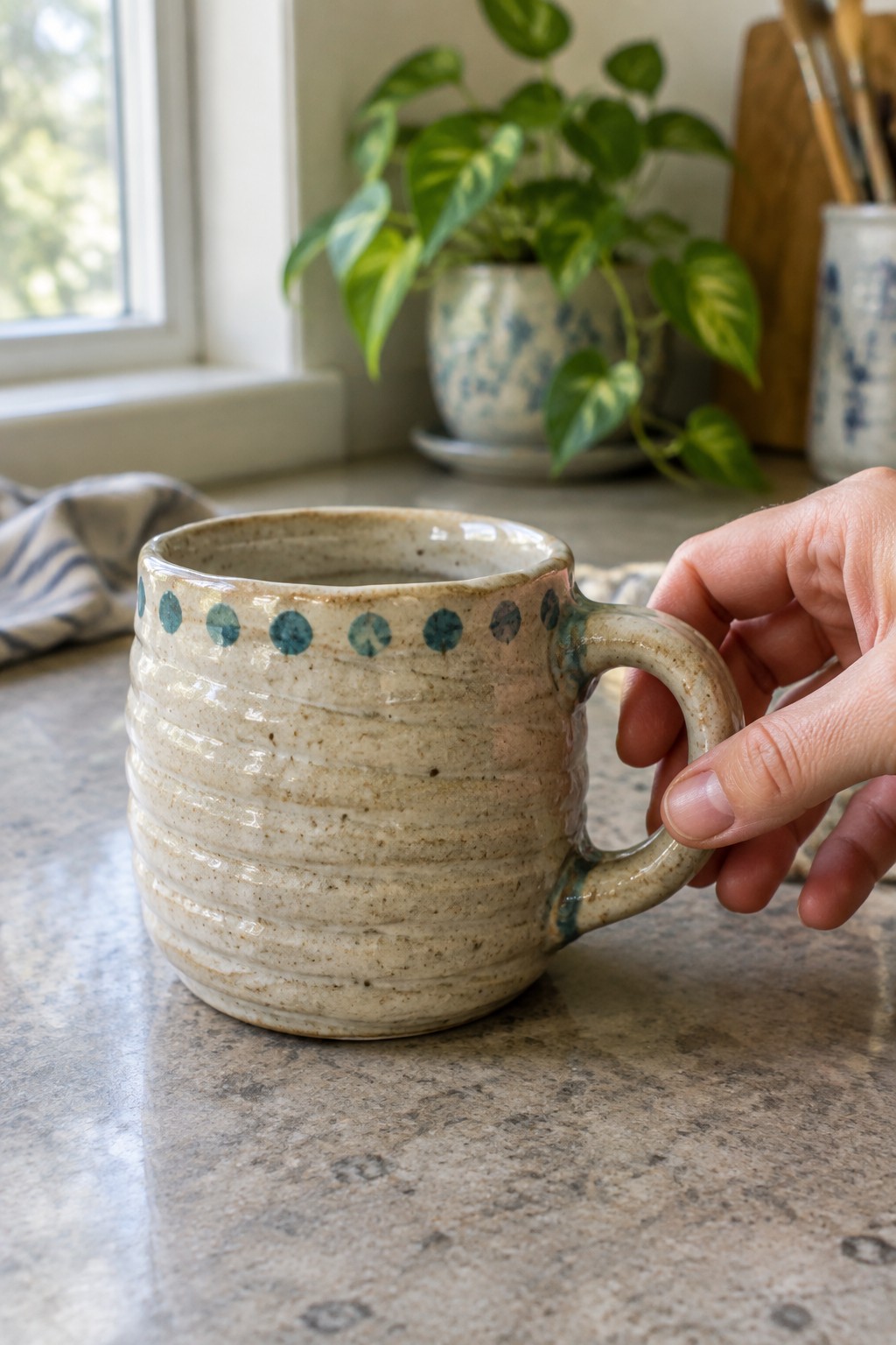 Hand holding ridged beige ceramic mug with blue dots on marble counter