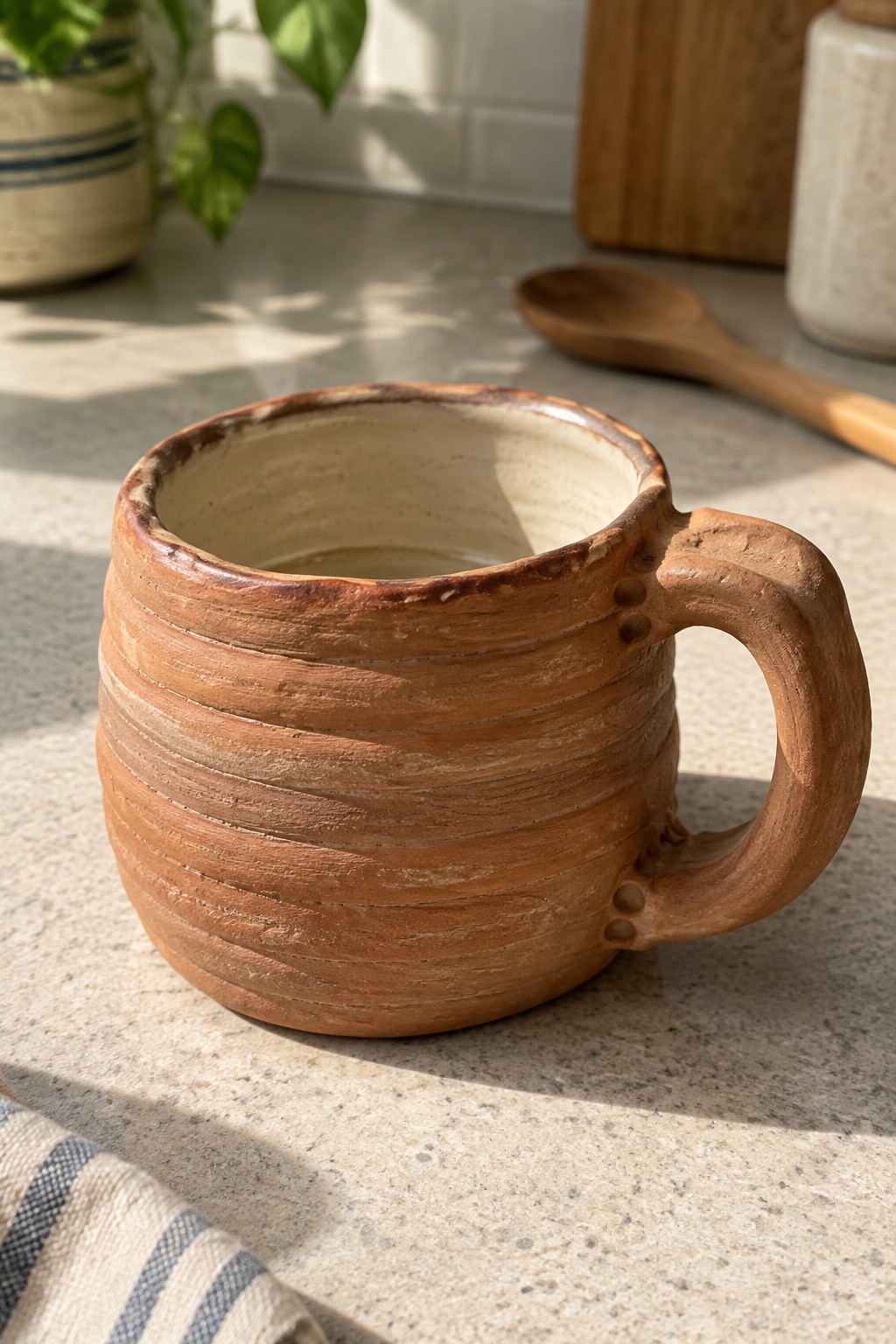 Rustic brown ribbed ceramic mug on speckled kitchen countertop with wooden spoon nearby