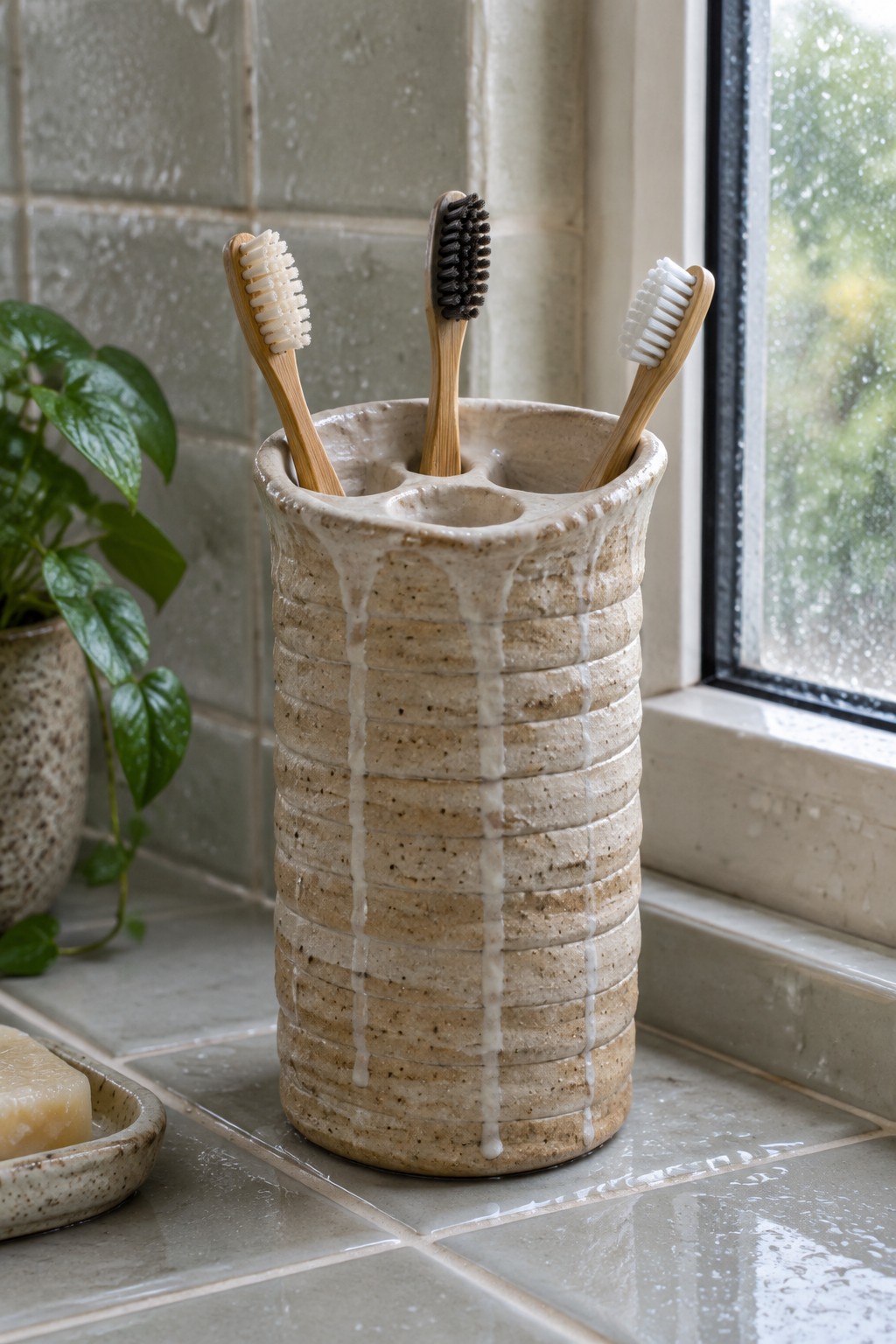 Rustic ceramic holder with three bamboo toothbrushes on a tiled bathroom windowsill