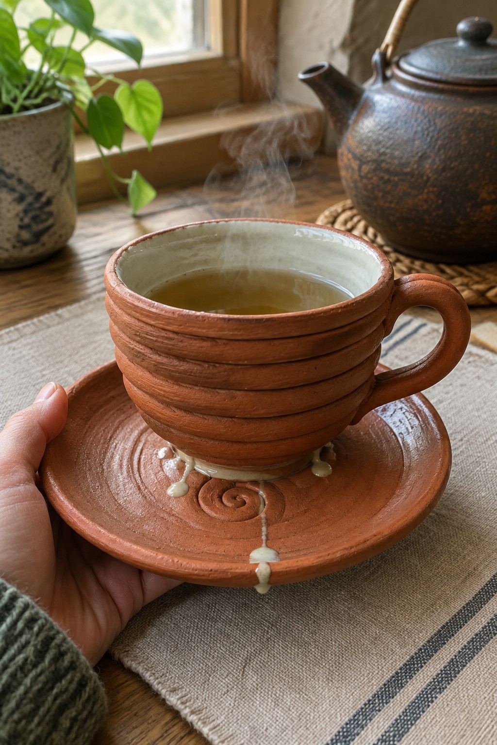 Hand holding steaming terracotta cup with white glaze on matching saucer.