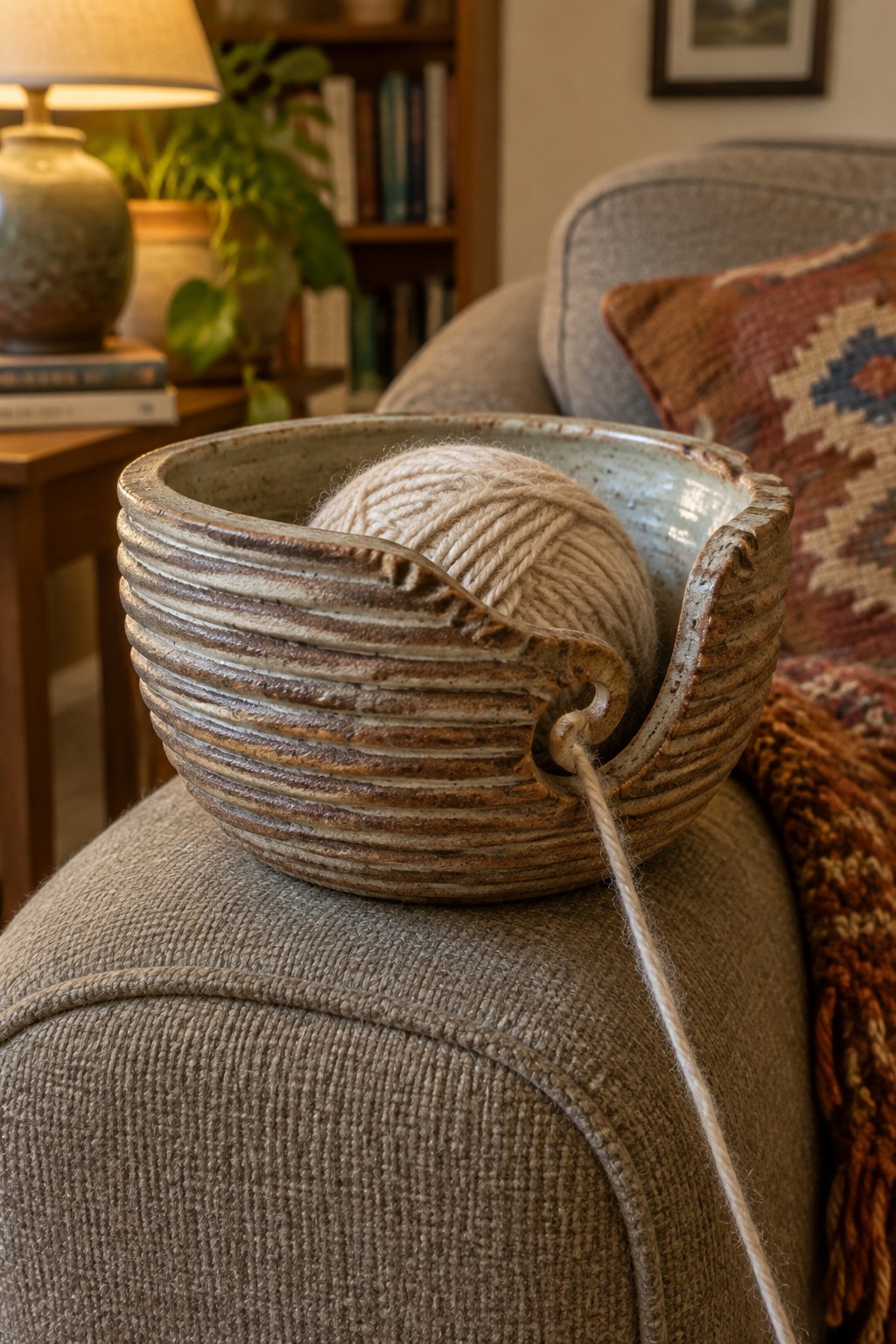 A rustic coiled clay yarn bowl with a notched rim holds a ball of beige yarn on a gray couch cushion.