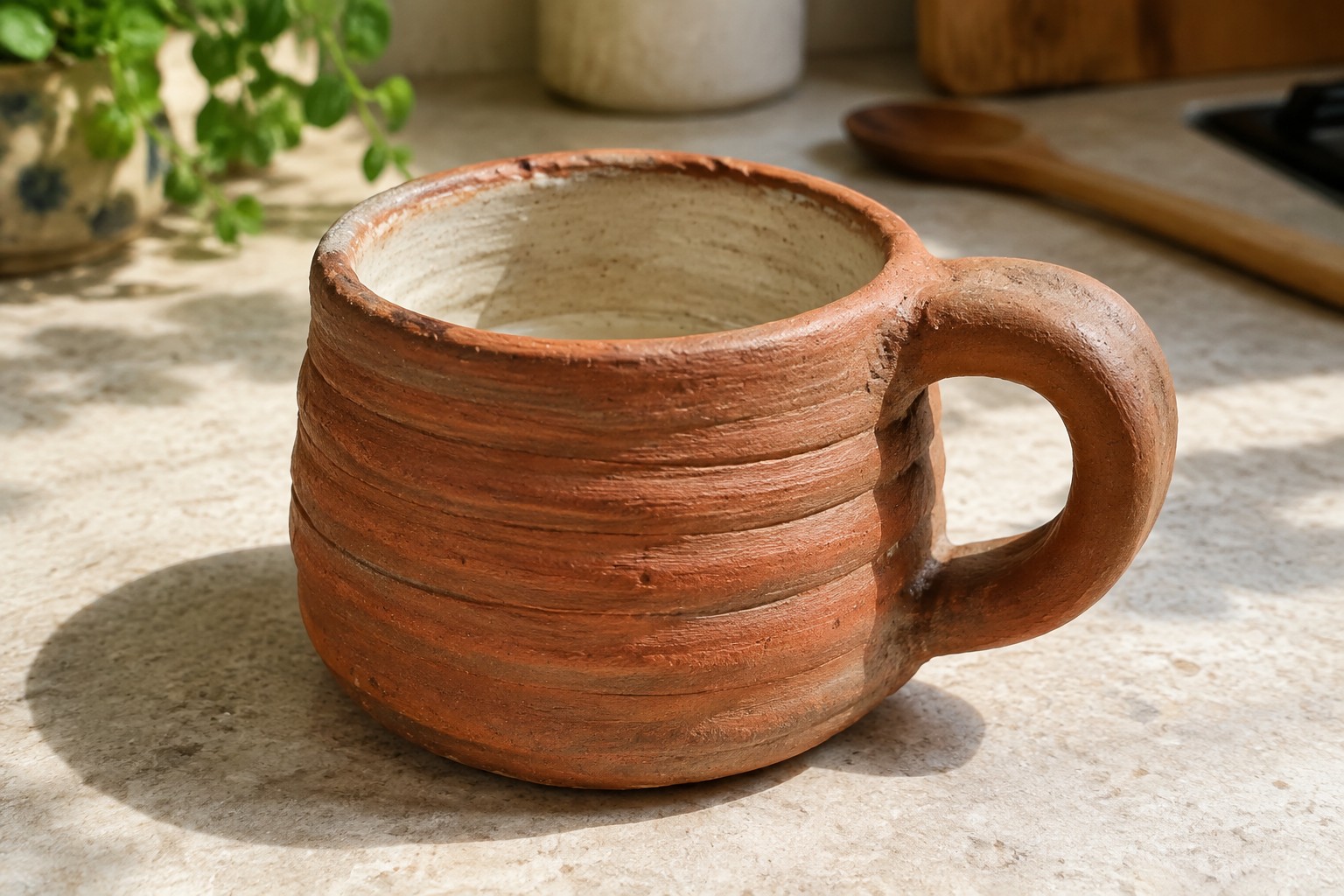 Rustic brown ribbed ceramic mug on speckled kitchen countertop with wooden spoon nearby