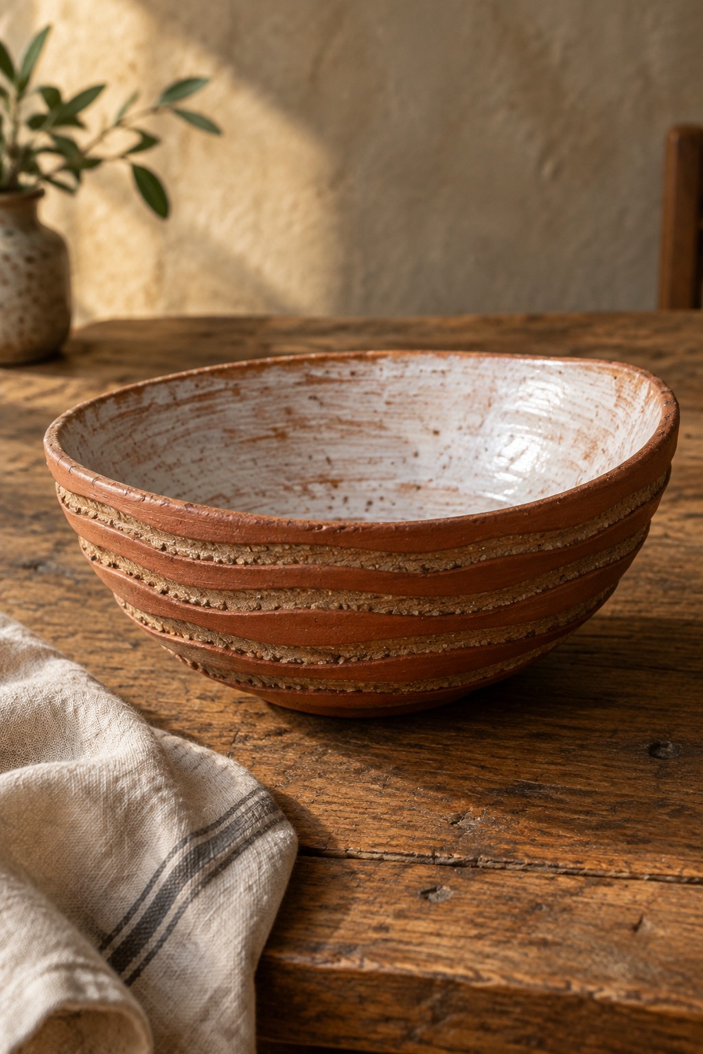 Rustic terracotta bowl with white rim on wooden table beside striped linen cloth