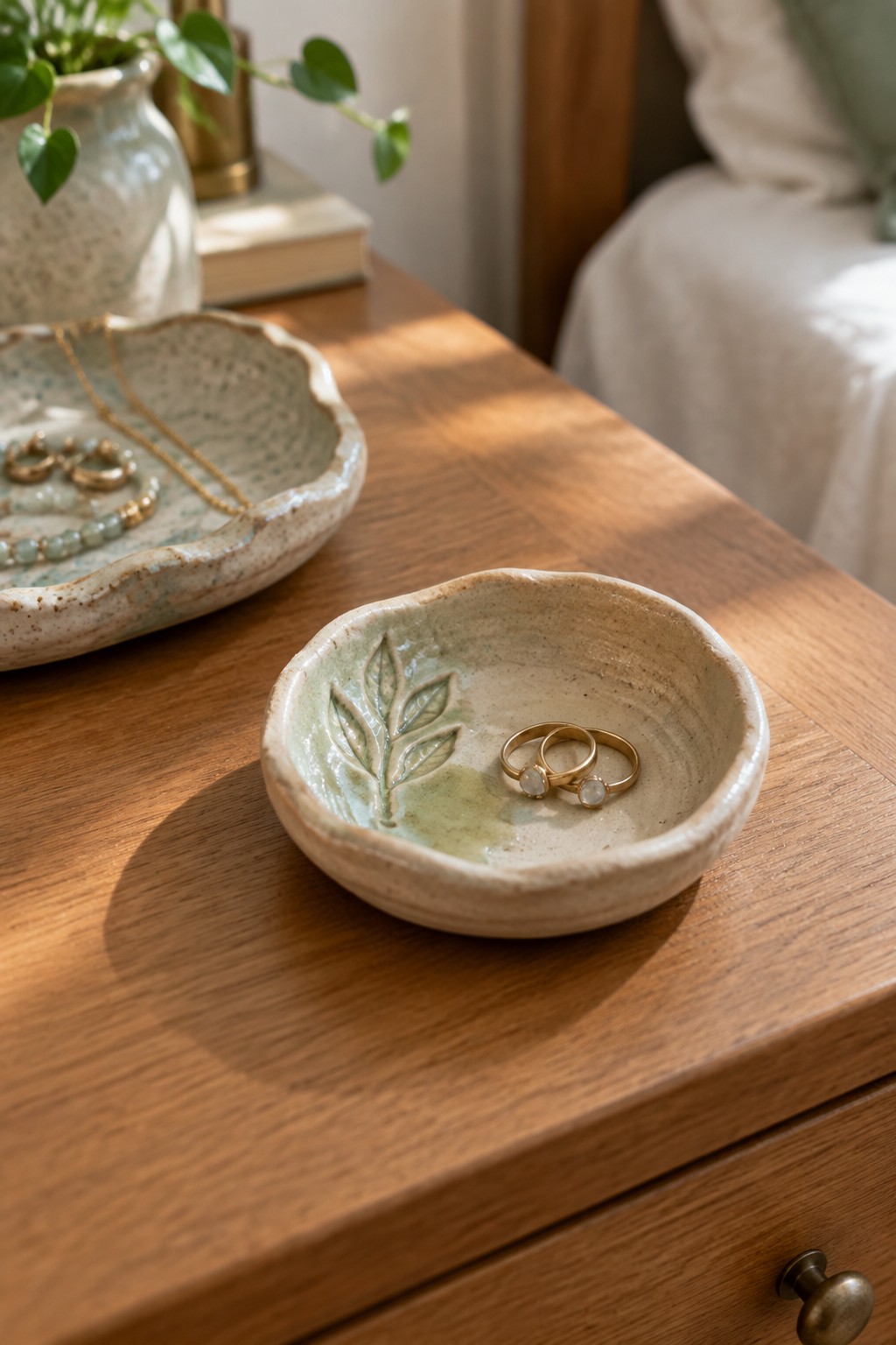 Two ceramic bowls on wooden dresser, one with gold rings in sunlight